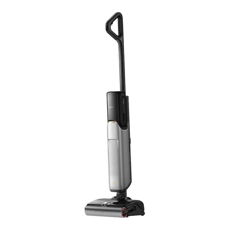 Un aspirapolvere lavapavimenti nero e argento dal design moderno su sfondo bianco.