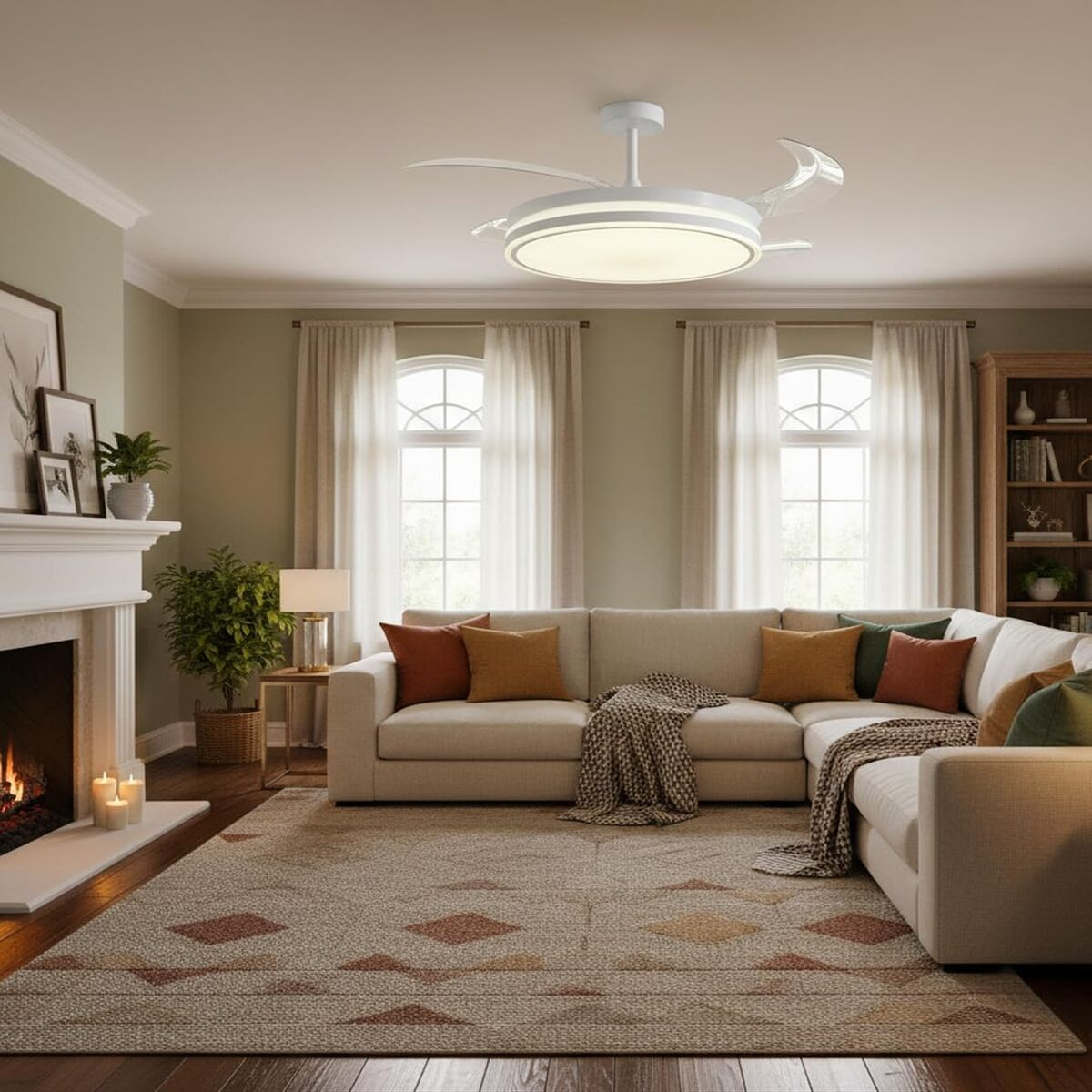 Ein gemütliches Wohnzimmer mit großem, beige Ecksofa, Kamin, gemustertem Teppich und modernem Deckenvent.