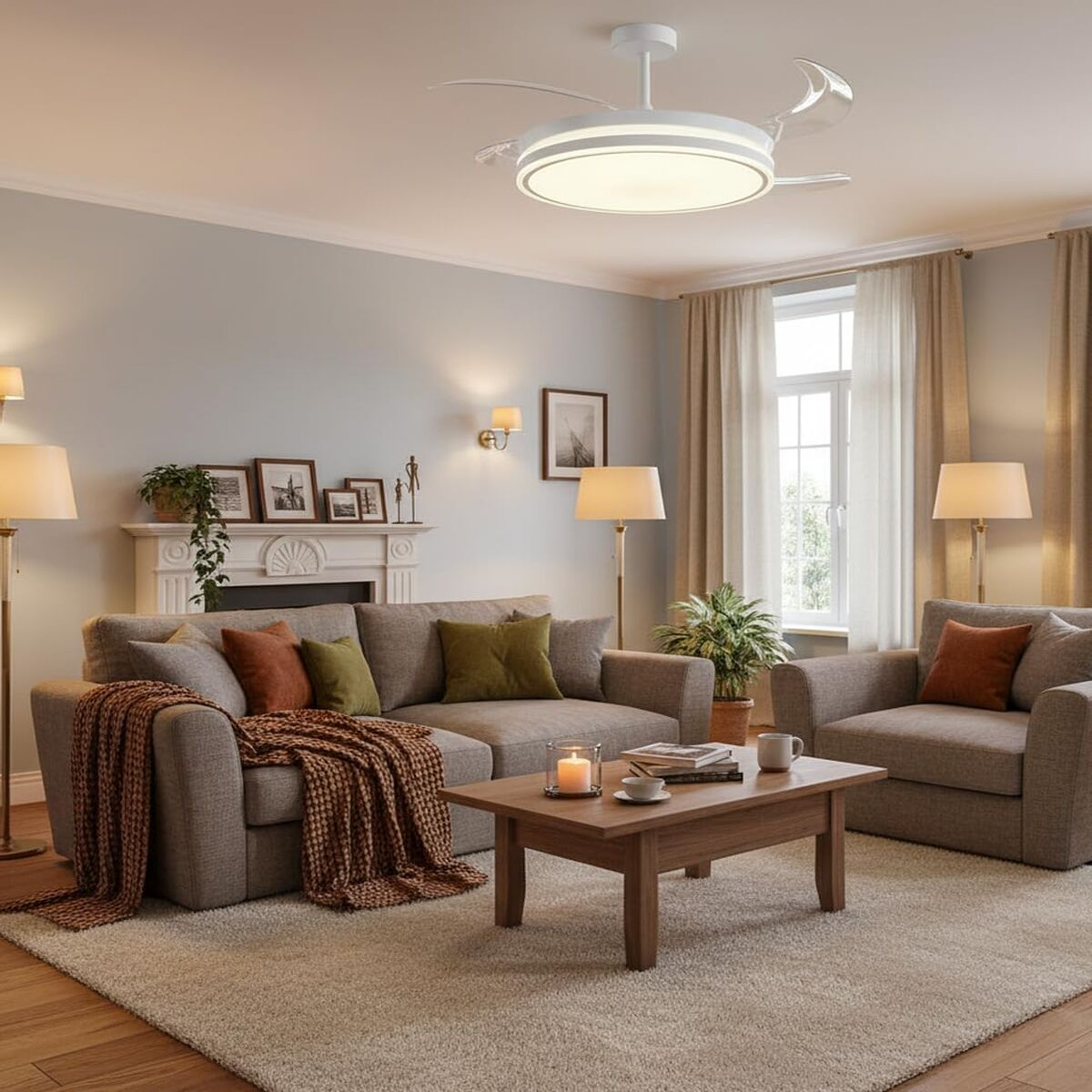 Ein gemütliches Wohnzimmer mit grauem Sofa, Sessel, Couchtisch und beleuchtetem Deckenventilator.