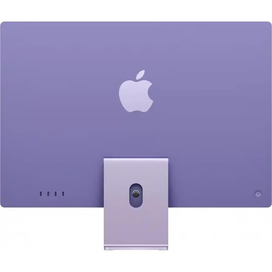 Parte trasera de un iMac de Apple morado con soporte integrado, logotipo de Apple y puertos.