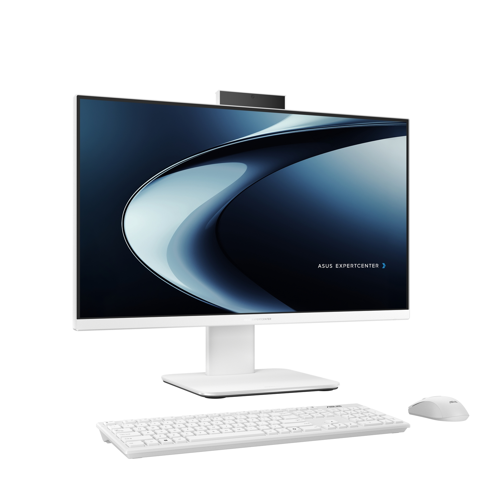 Un computer desktop all-in-one bianco con tastiera e mouse su sfondo bianco.