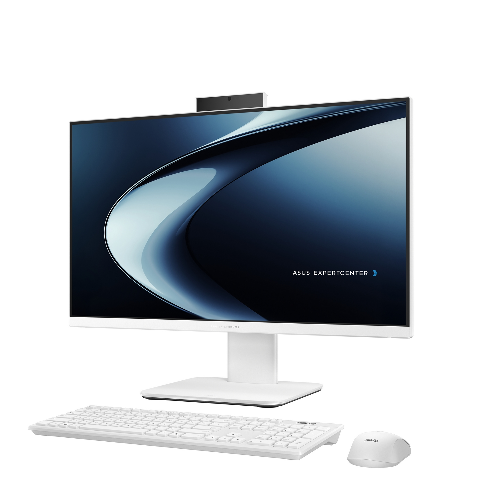 Un PC all-in-one ASUS ExpertCenter bianco con tastiera e mouse abbinati su sfondo bianco.