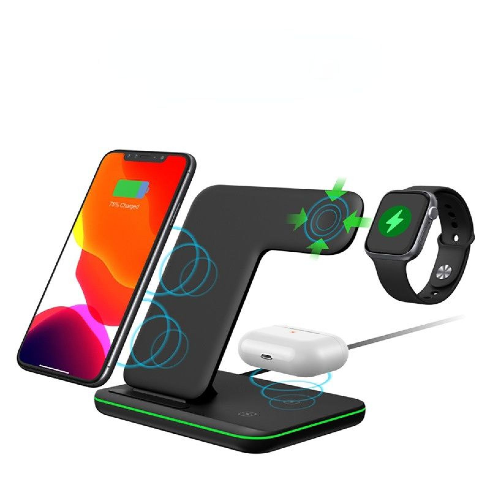 Eine schwarze 3-in-1-Ladestation lädt drahtlos ein Smartphone, eine Smartwatch und drahtlose Ohrhörer.