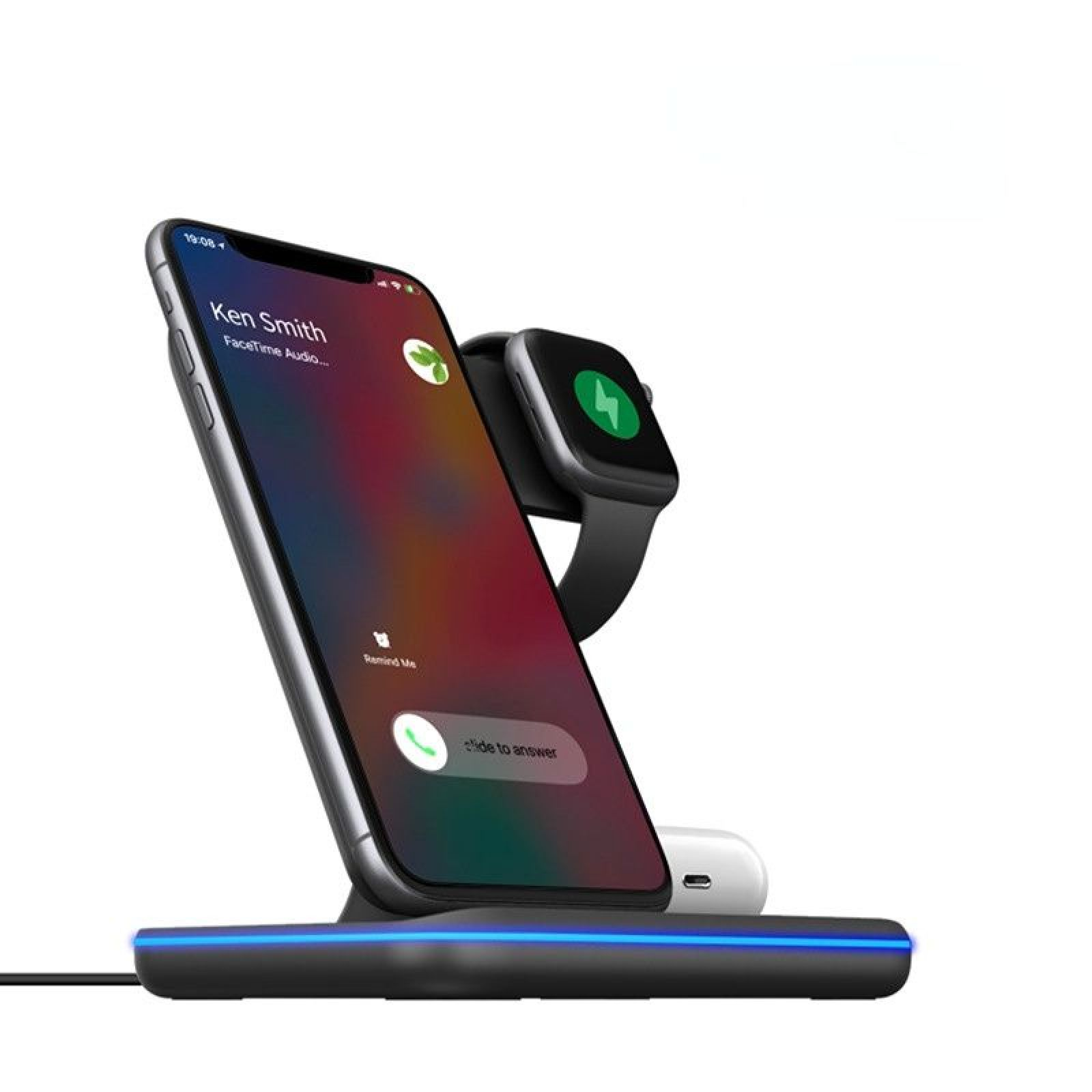 Eine schwarze Ladestation mit einem Smartphone, einer Smartwatch und AirPods auf einem weißen Hintergrund.