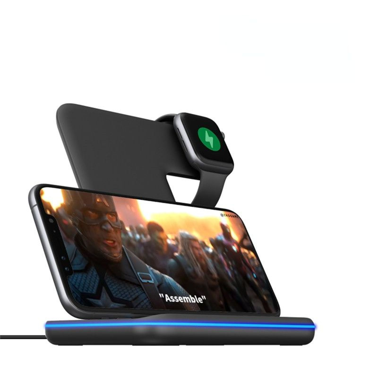 Ein schwarzer kabelloser Ladeständer hält ein Smartphone mit Filmszene und eine Smartwatch mit grünem Symbol.