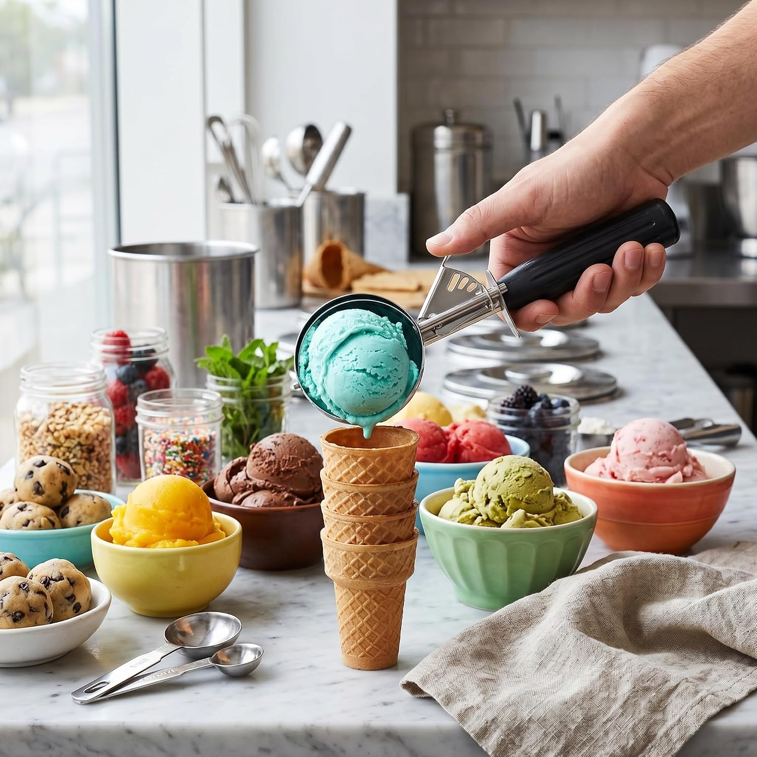 Eine Hand schöpft blaues Eis auf Waffeltüten, umgeben von Schalen mit verschiedenen Geschmacksrichtungen.