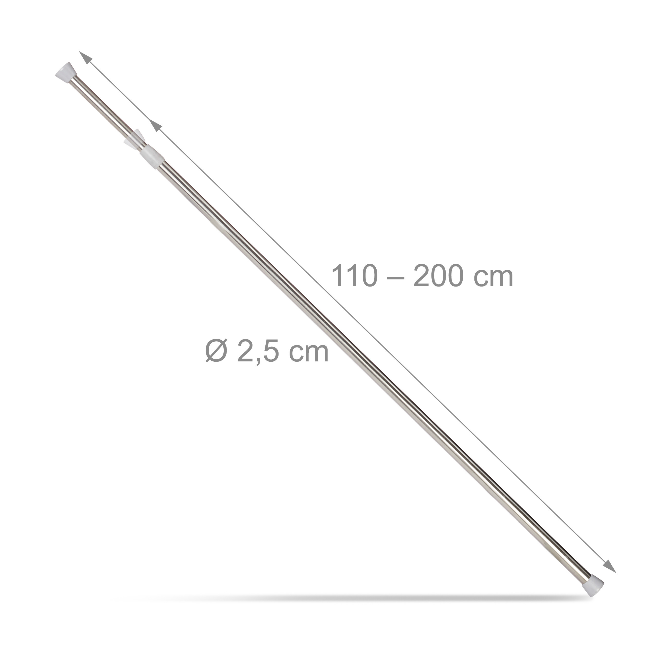 Verstellbare Teleskopstange aus Edelstahl, Länge 110-200 cm, Durchmesser 2,5 cm.