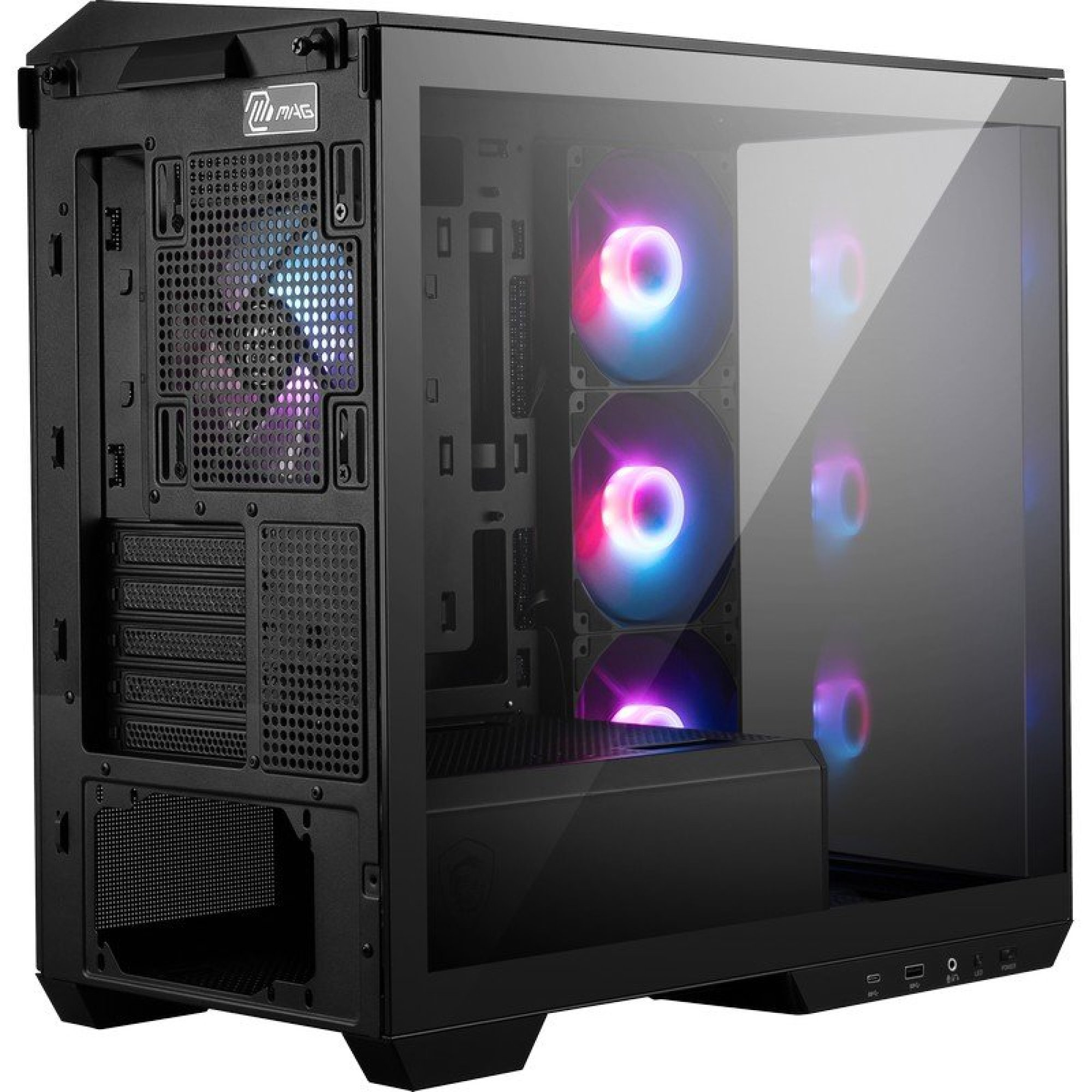Czarna obudowa PC z szklanym panelem bocznym i trzema wentylatorami RGB.