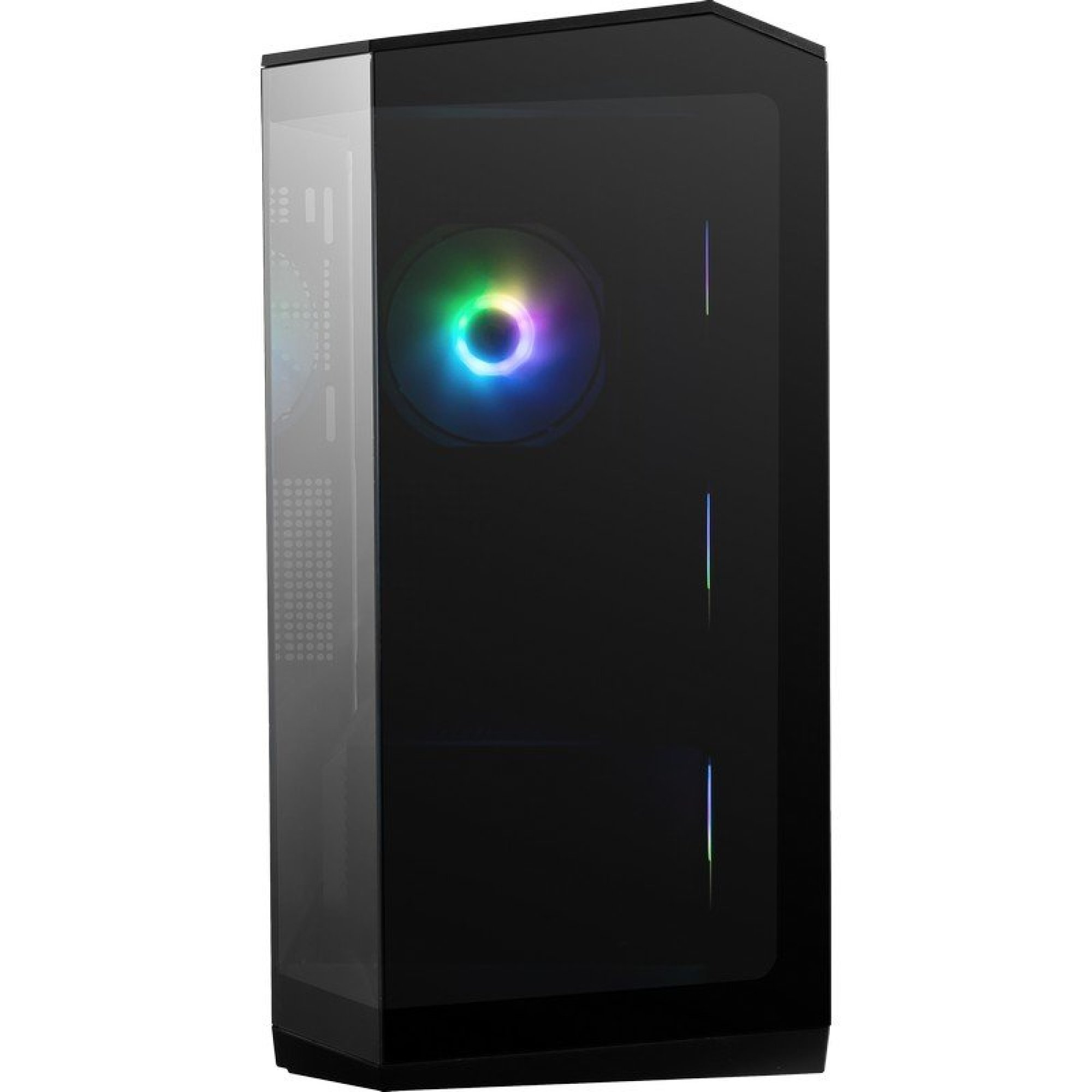 Czarna obudowa komputera ze szklanymi panelami bocznymi i świecącym wentylatorem RGB na białym tle.