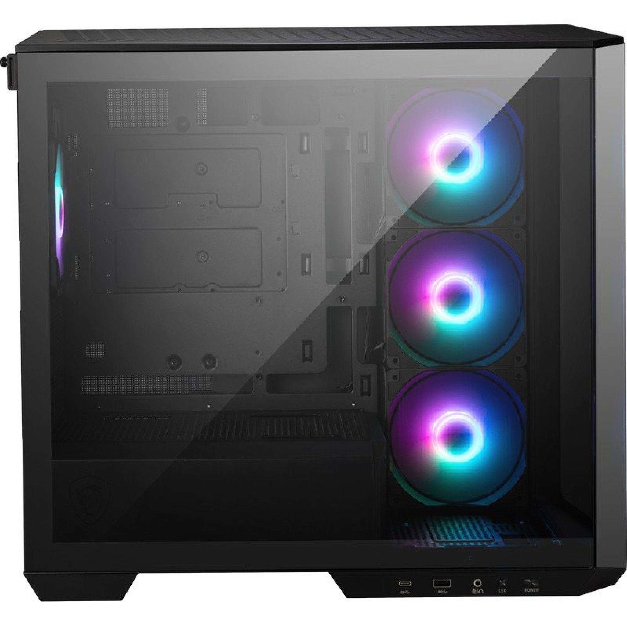 Czarna obudowa PC z szklanym bokiem i trzema kolorowymi wentylatorami RGB.