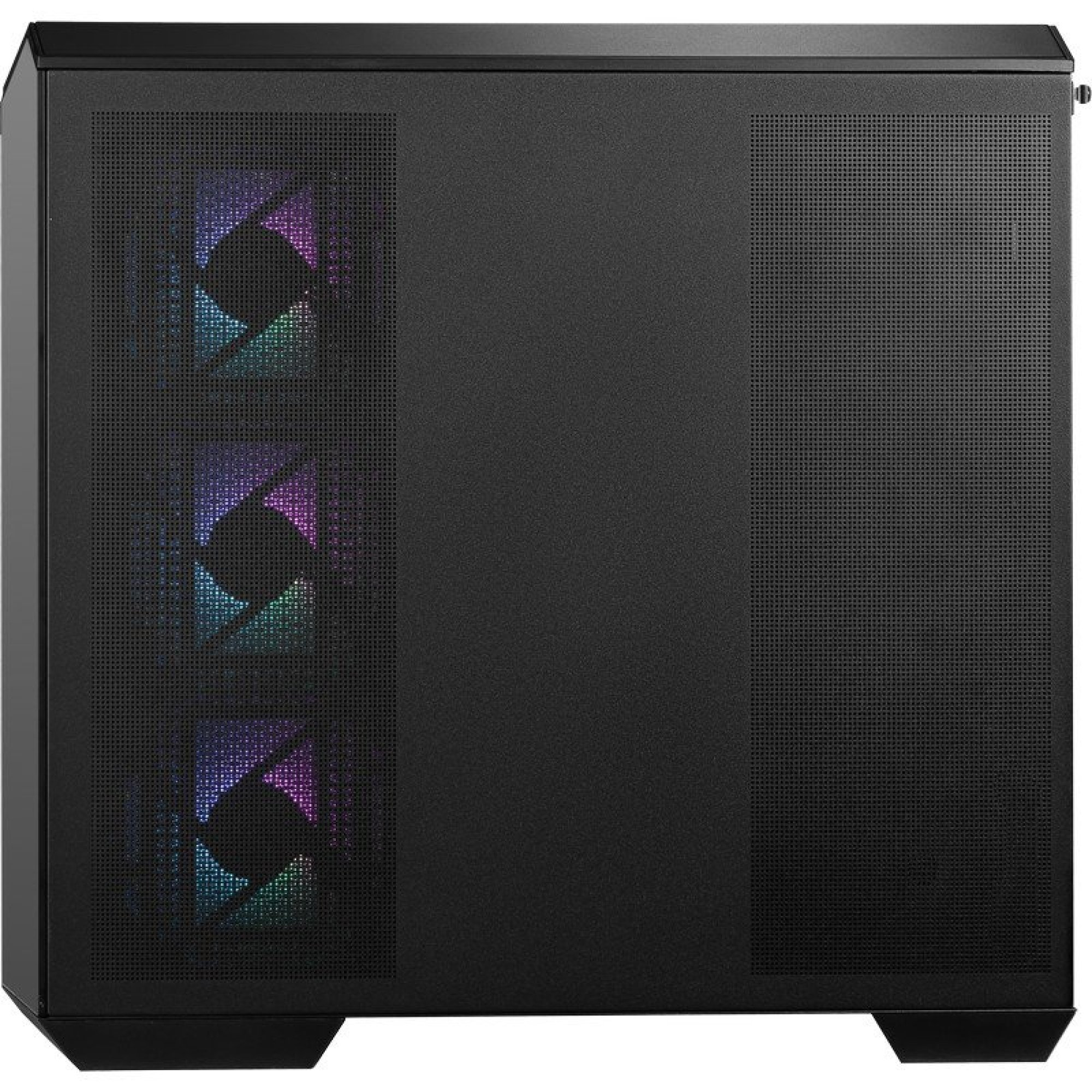Czarna obudowa komputera z siatkowym przodem i trzema widocznymi wentylatorami RGB.