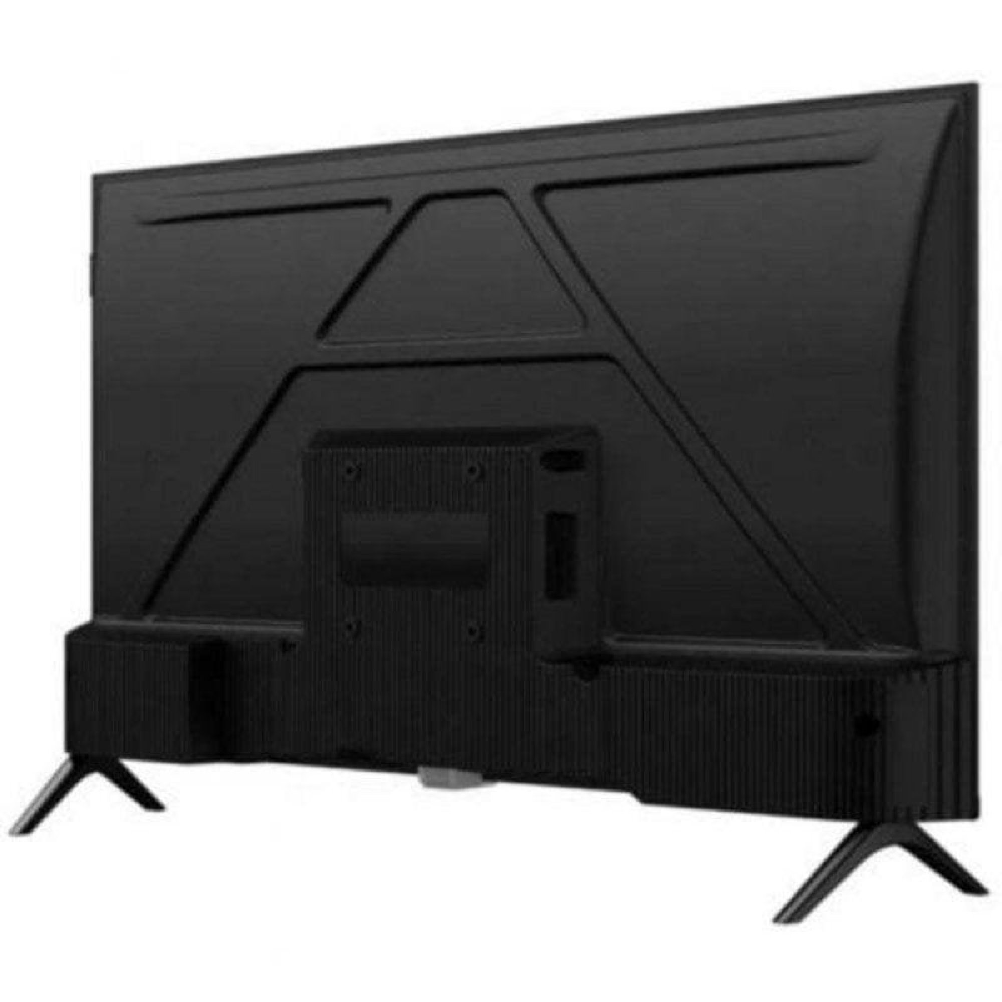 Vista trasera de un televisor negro con soportes en V.