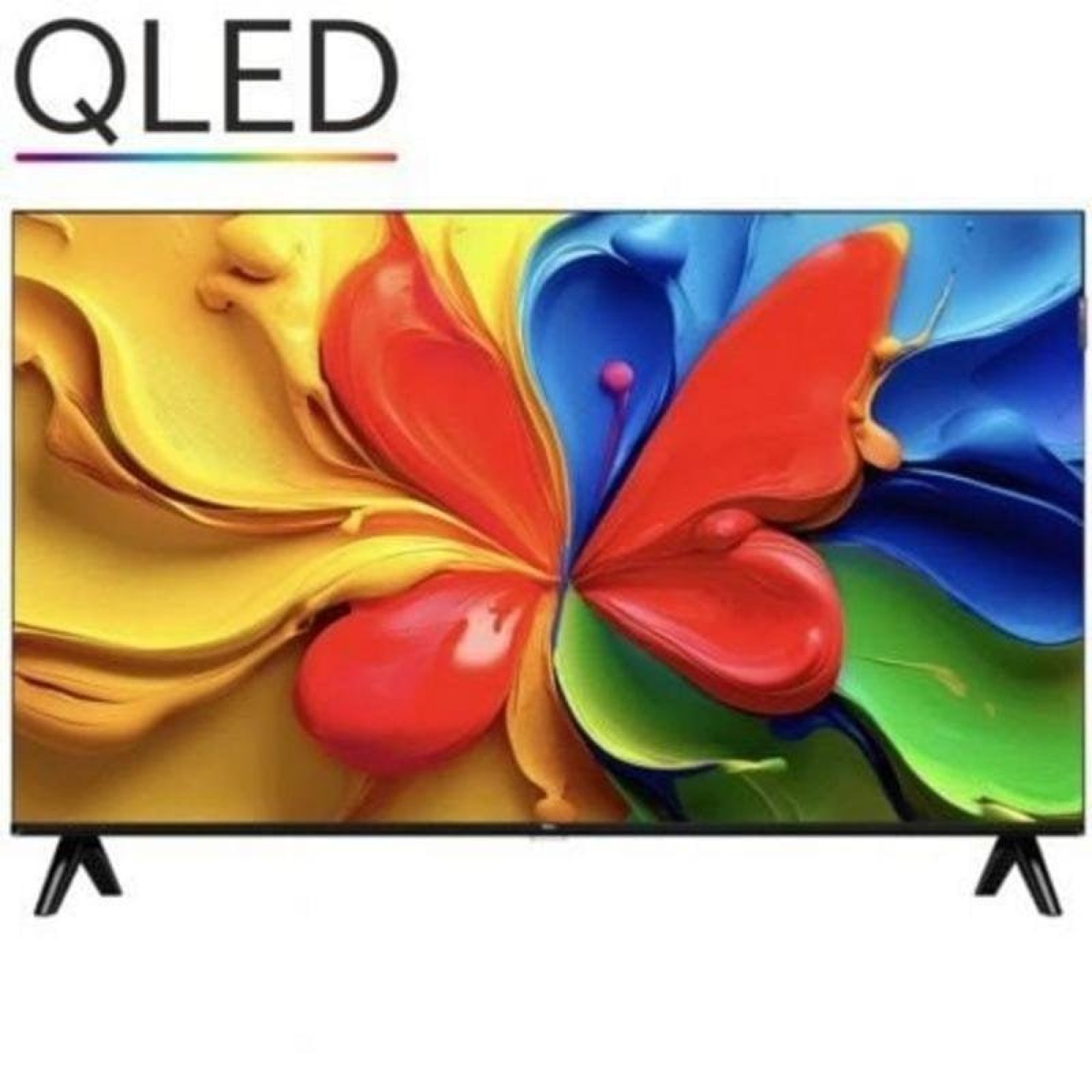 Un televisor QLED que muestra un patrón de mariposa abstracto y colorido en la pantalla, con dos soportes negros.