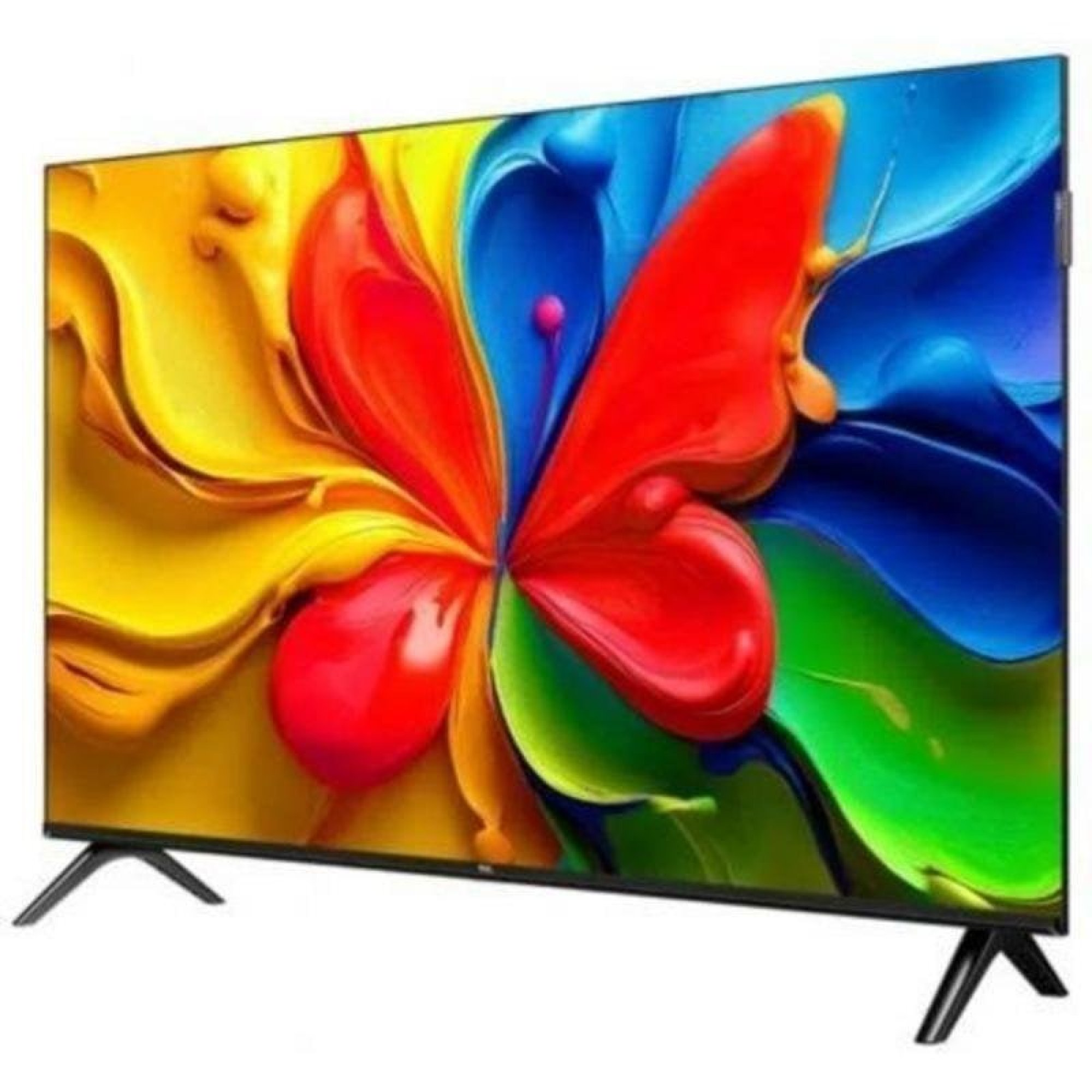 Un televisor de pantalla plana moderno sobre un fondo blanco muestra un colorido patrón de mariposa.