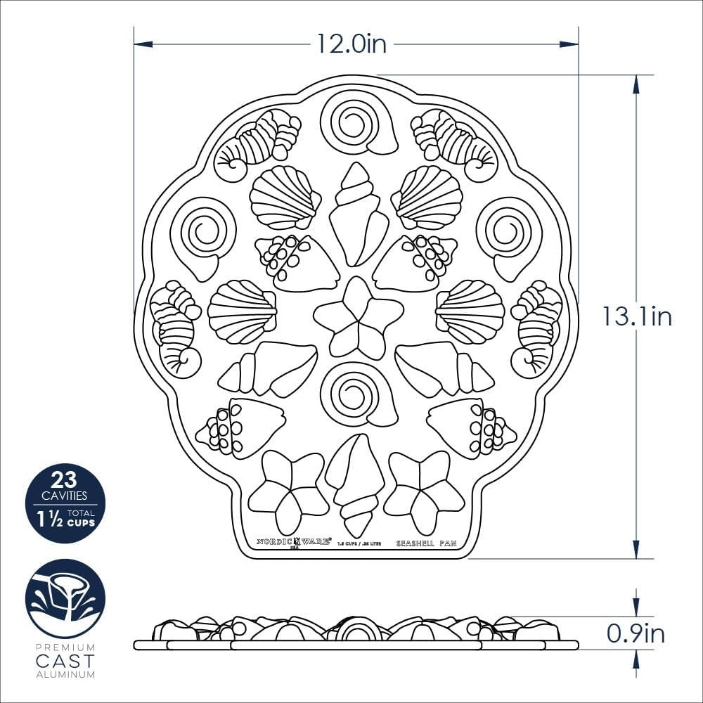 12.0x13.1x0.9 inç ölçülerinde deniz kabuğu şeklindeki fırın tepsisinin teknik çizimi.