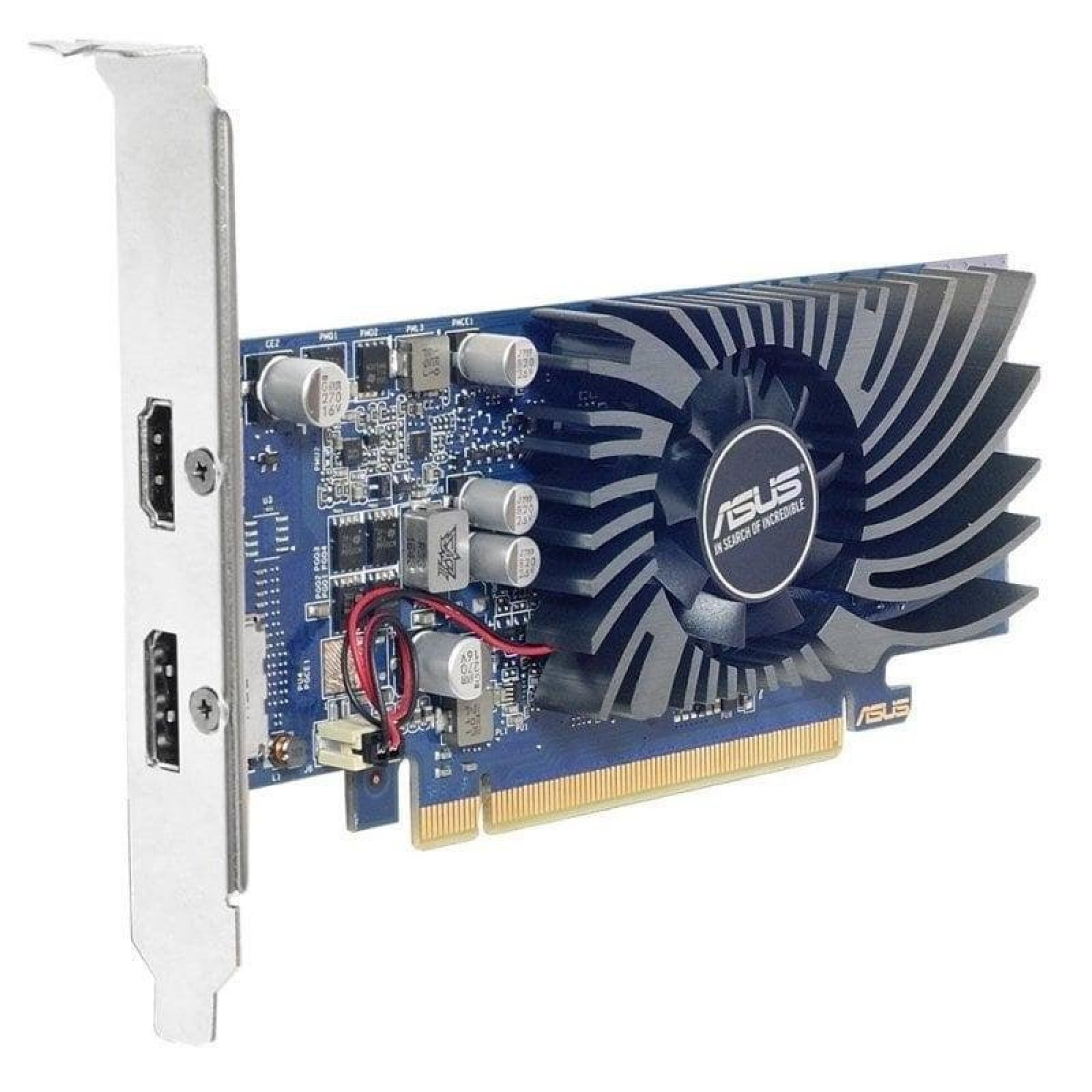 Una scheda video ASUS con circuito blu, ventola nera e due porte HDMI su staffa metallica.