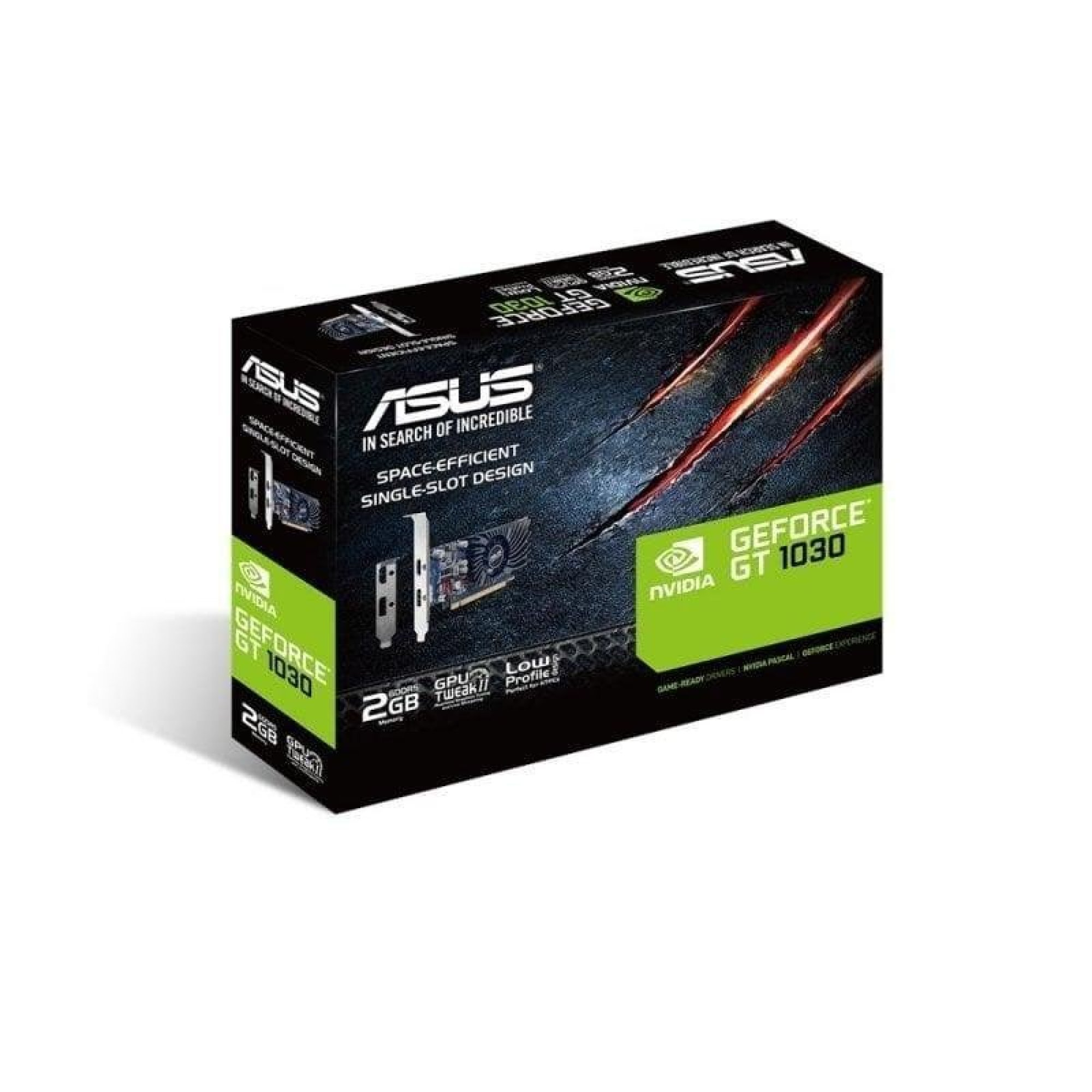 Scatola della scheda grafica ASUS GeForce GT 1030 con marchio nero e verde.
