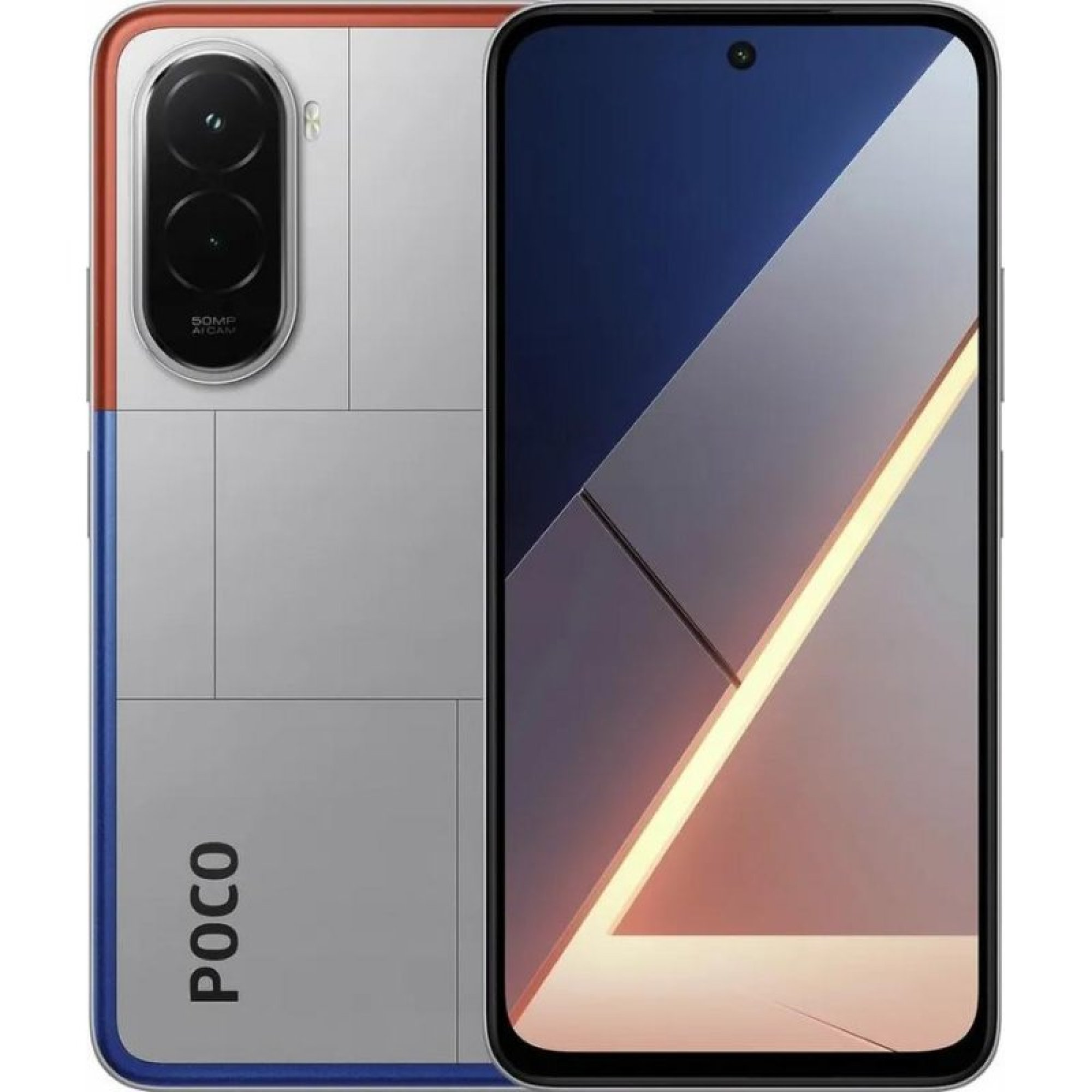 Fronte e retro di uno smartphone Poco argentato con doppia fotocamera verticale e logo POCO.