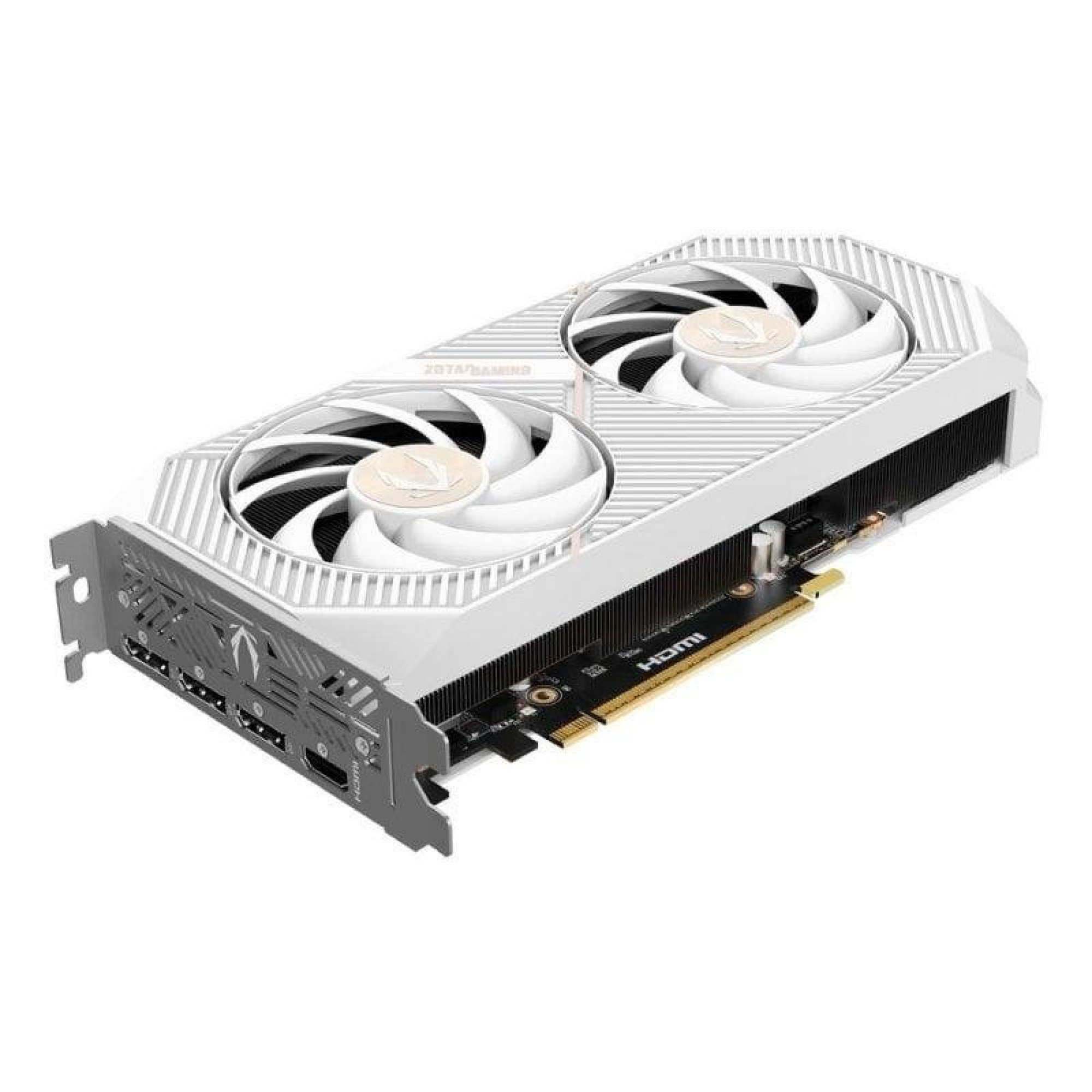 Una scheda grafica da gioco bianca Zotac con due ventole, dissipatori e porte posteriori.