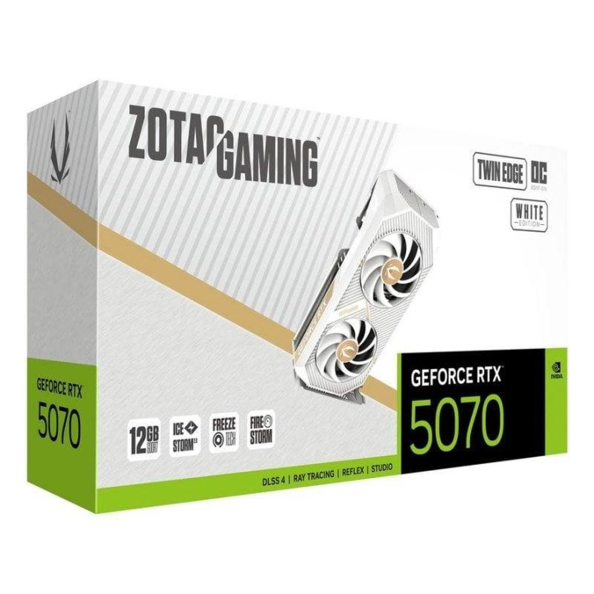 Scatola della scheda video Zotac Gaming GeForce RTX 5070 bianca, verde e nera con GPU bianca a doppia ventola.