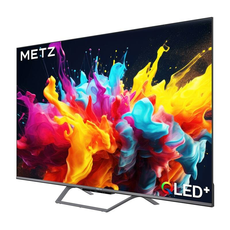 Un televisor Metz OLED+ moderno muestra una explosión de pintura colorida en la pantalla.