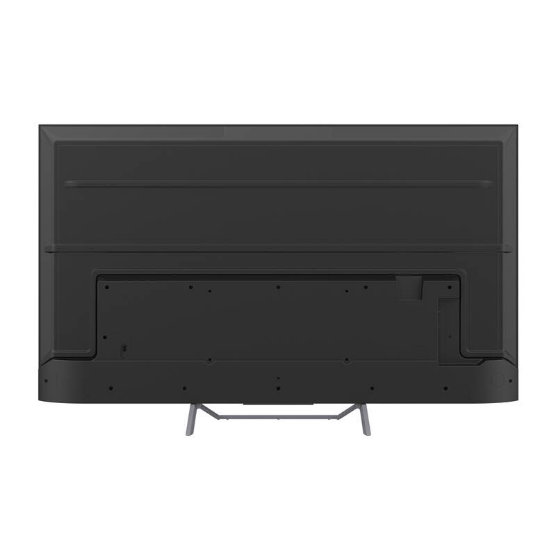 Vista trasera de un televisor de pantalla plana negro moderno sobre un soporte metálico.