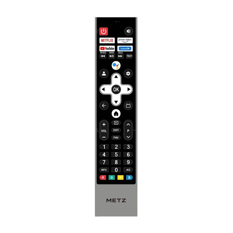 Un control remoto Metz negro con botones numéricos, accesos directos y un panel de navegación.