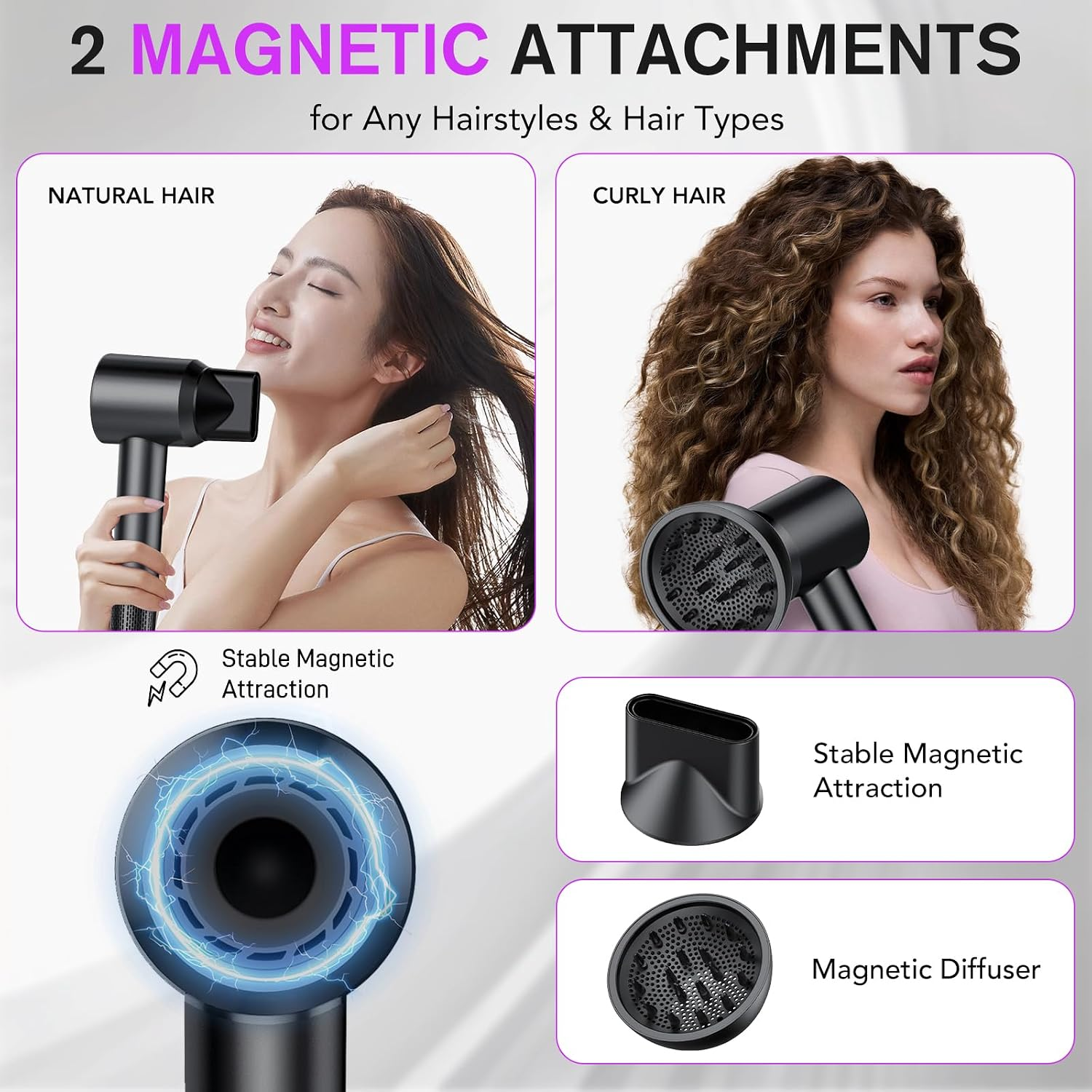 Ein Haartrockner mit zwei magnetischen Aufsätzen für glattes und lockiges Haar sowie grafischen Darstellungen.