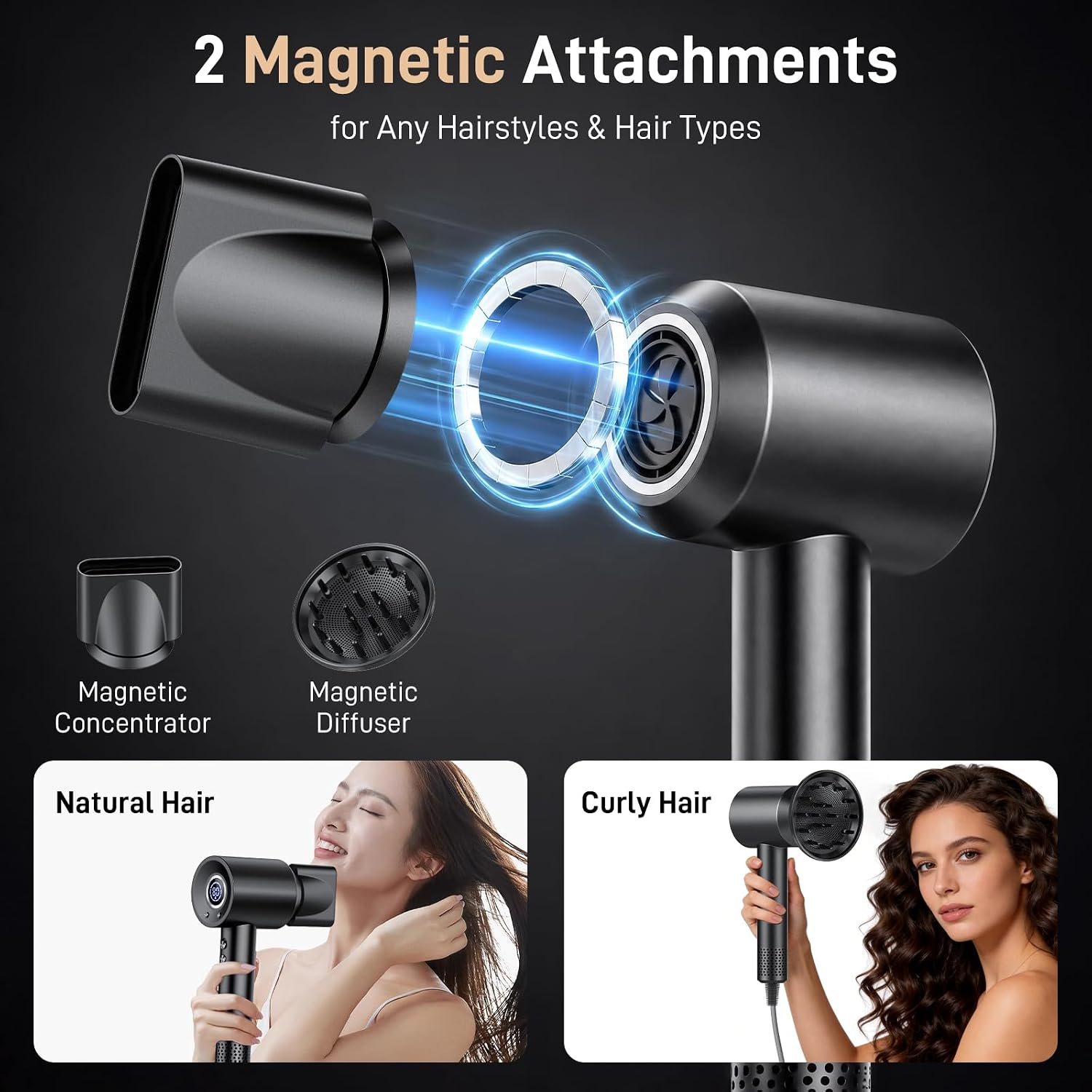 Ein schwarzer Haartrockner mit zwei magnetischen Aufsätzen, einem Konzentrator und einem Diffusor, beim Haare stylen.