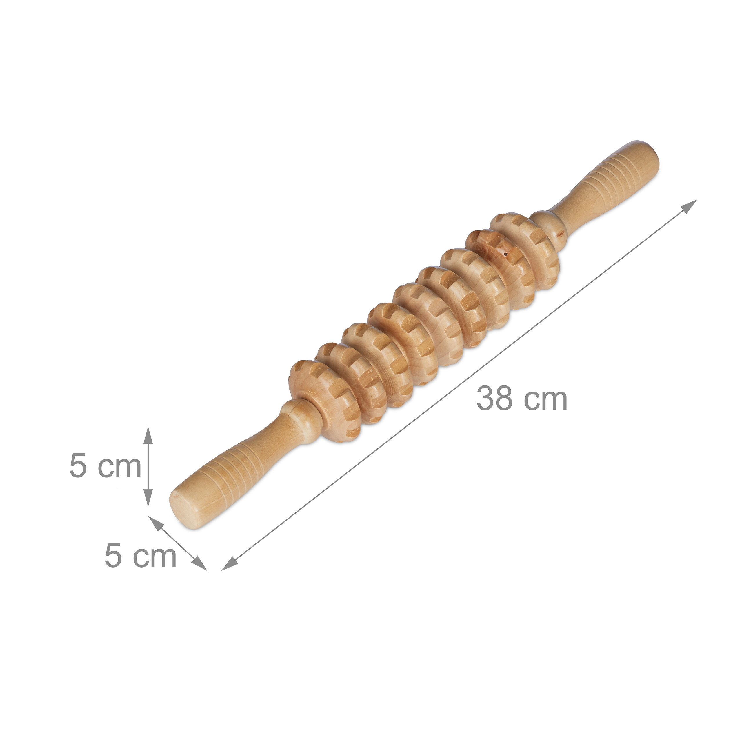 Ein hölzernes Massagegerät mit gezahnten Rollen und Griffen, Maße 38 cm lang und 5 cm breit, vor weißem Hintergrund.
