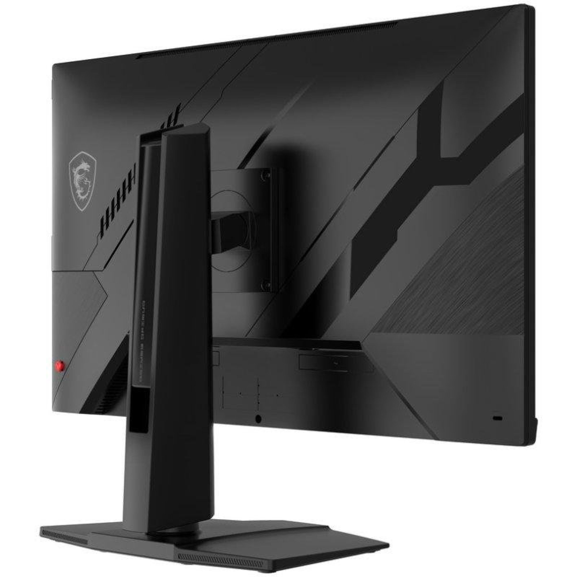 Vista posteriore di un moderno monitor da gioco MSI nero con supporto ergonomico e logo del marchio su sfondo bianco.