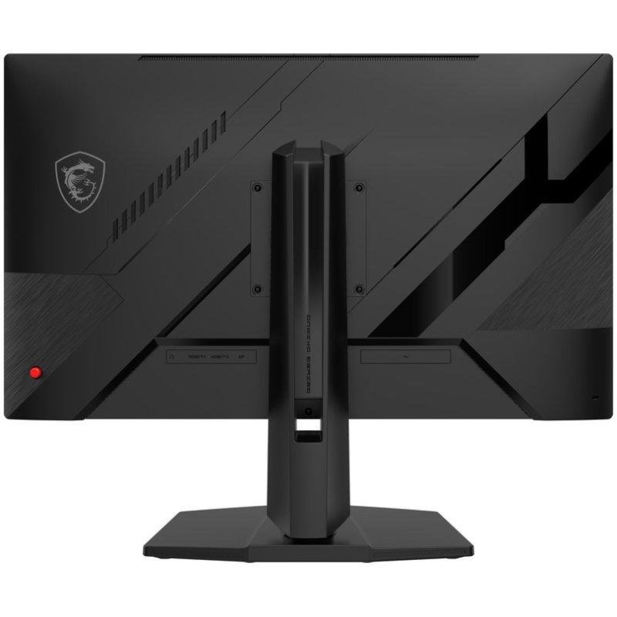 Vista posteriore di un monitor da gioco MSI nero con supporto, logo e porte.