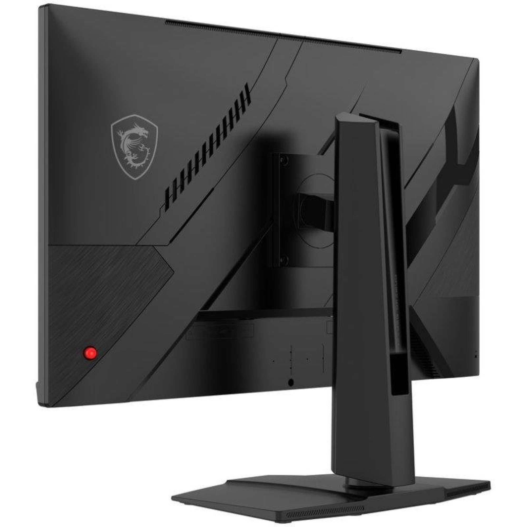 Vista posteriore di un monitor da gioco MSI nero con supporto, logo del drago e pulsante rosso.