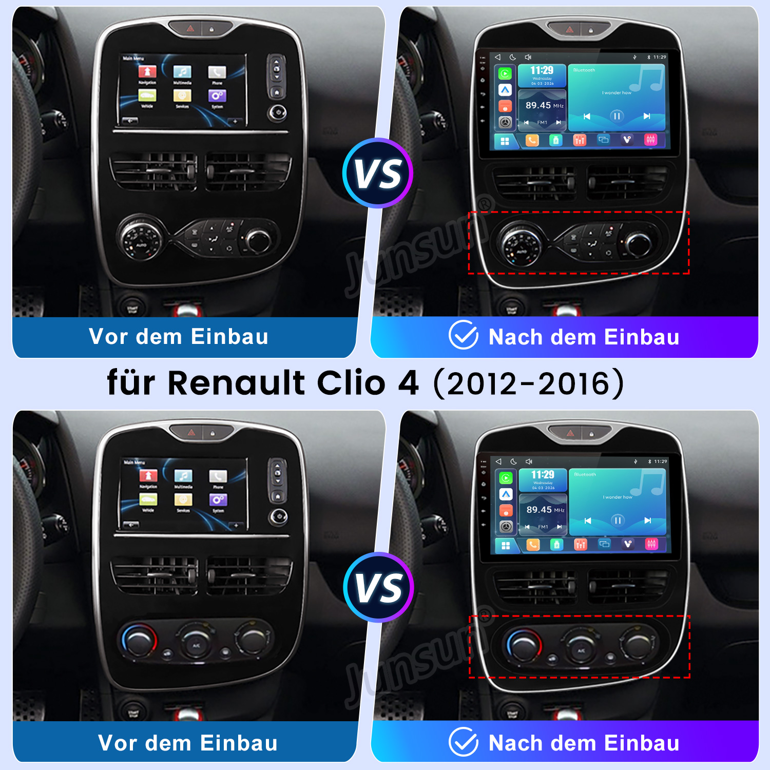 Vergleich des Renault Clio 4 Innenraums vor und nach dem Einbau des Radios.
