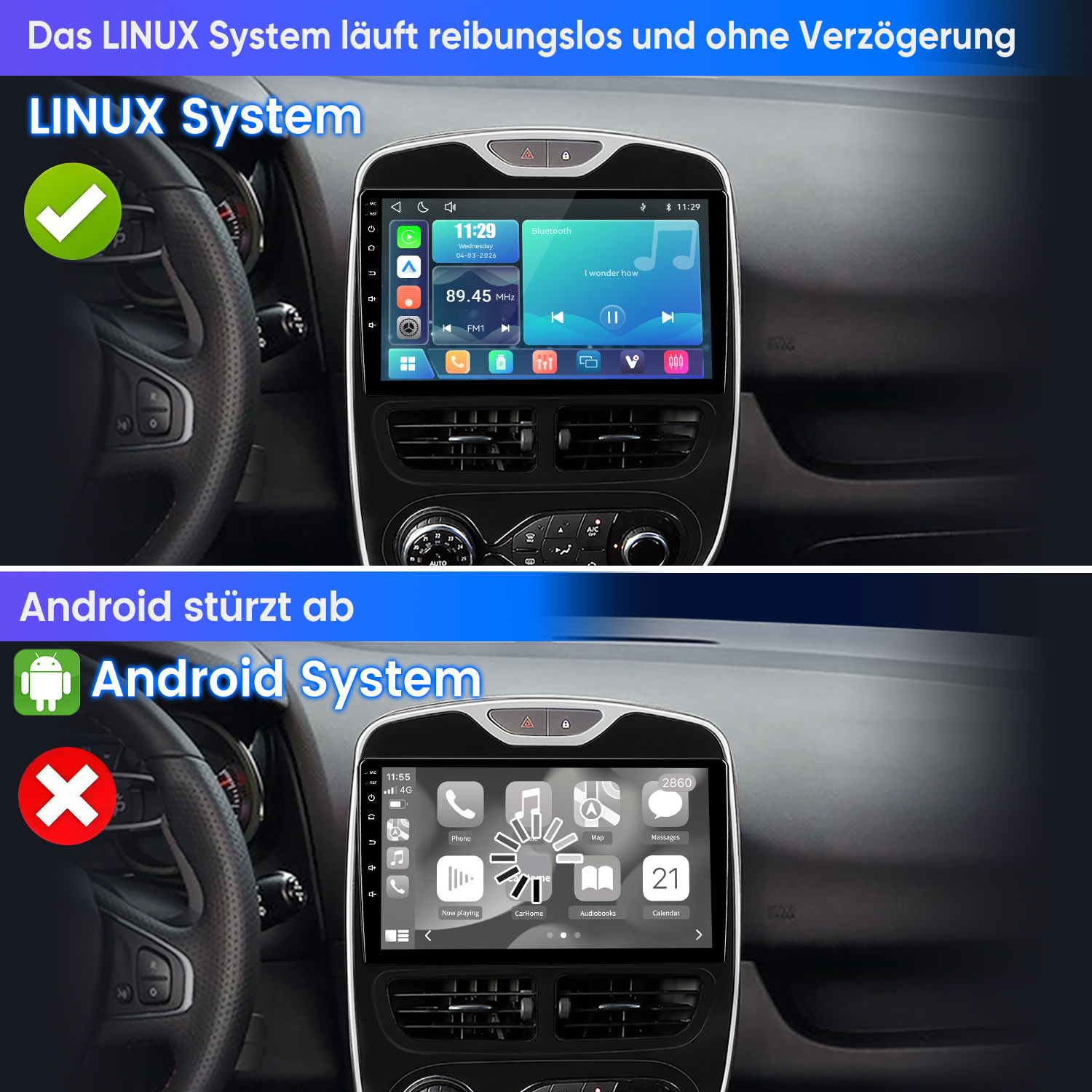 Vergleich zweier Auto-Displays: Linux-System läuft reibungslos, Android-System stürzt ab.