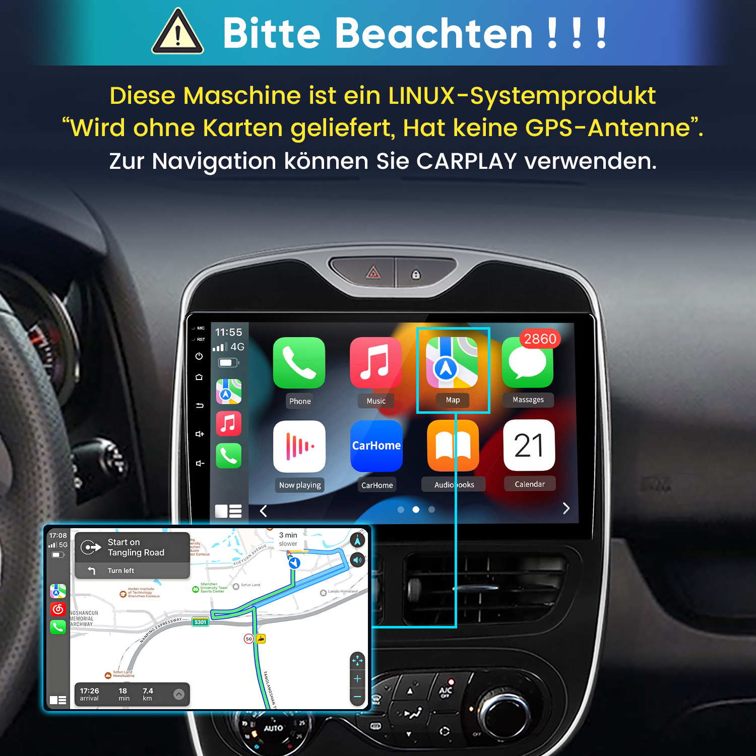 Autoinnenraum mit Carplay-Touchscreen, Warntext oben und Kartenvorschau unten.