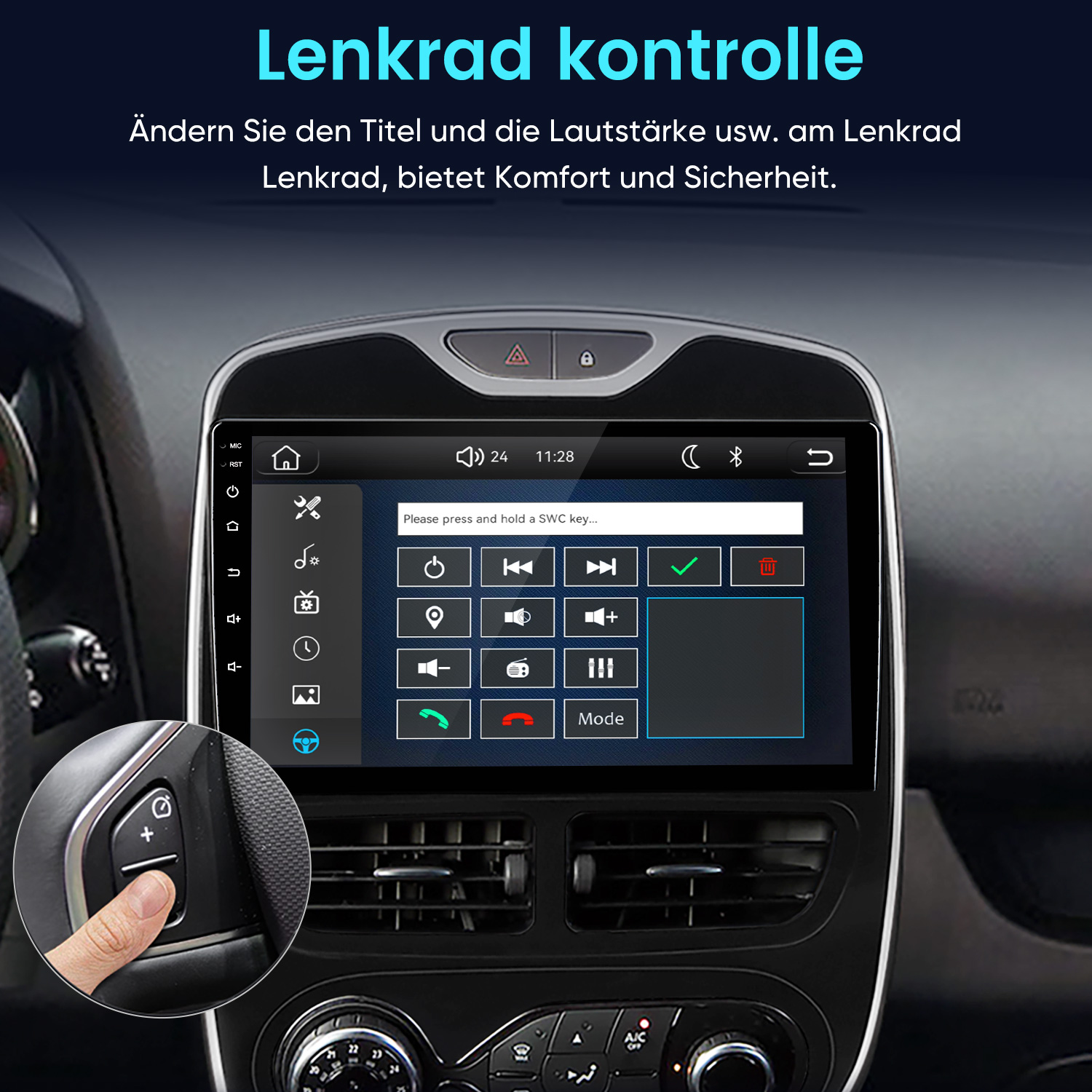 Ein Car-Display zeigt das Lenkradsteuerungs-Menü, mit einer Nahaufnahme der Hand auf Lenkradtasten.