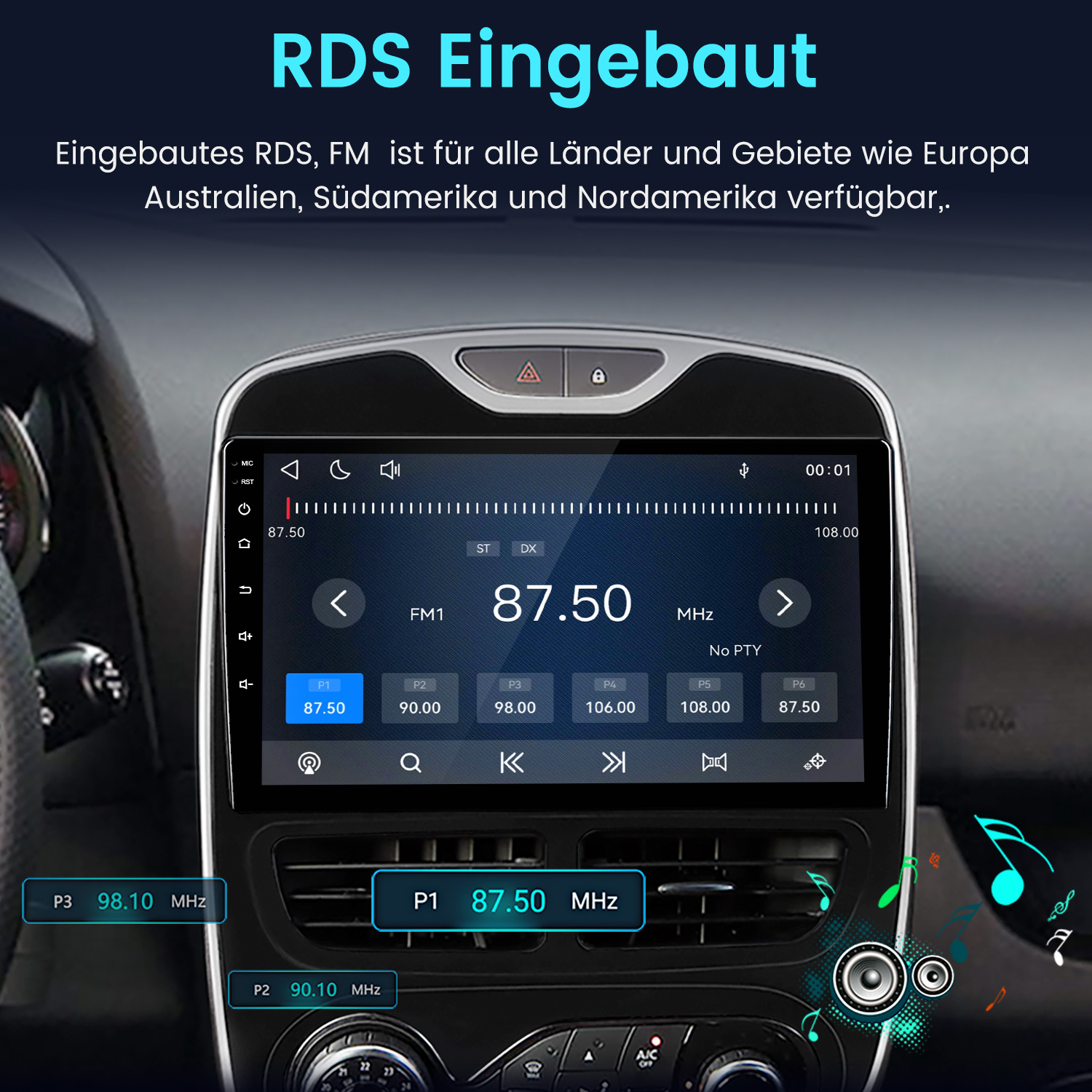 Autoradio mit Touchscreen und FM-Frequenzanzeige 87.50 MHz im Armaturenbrett eines Autos.