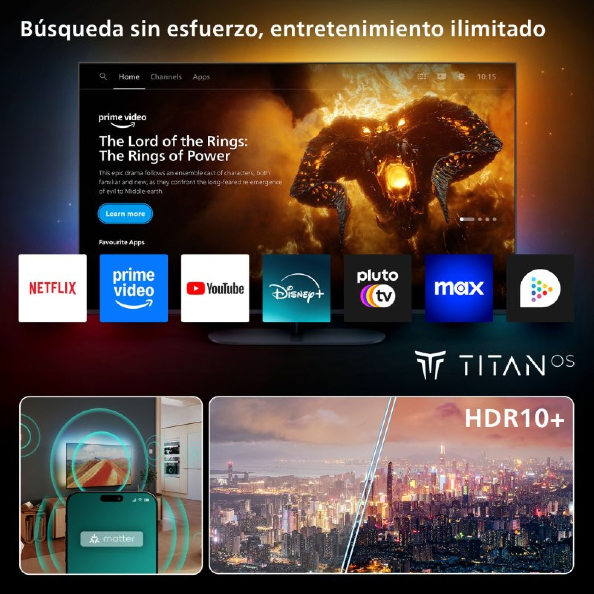 Schermo Smart TV con Prime Video, app come Netflix e YouTube, e logo HDR10+ sopra uno skyline cittadino notturno.