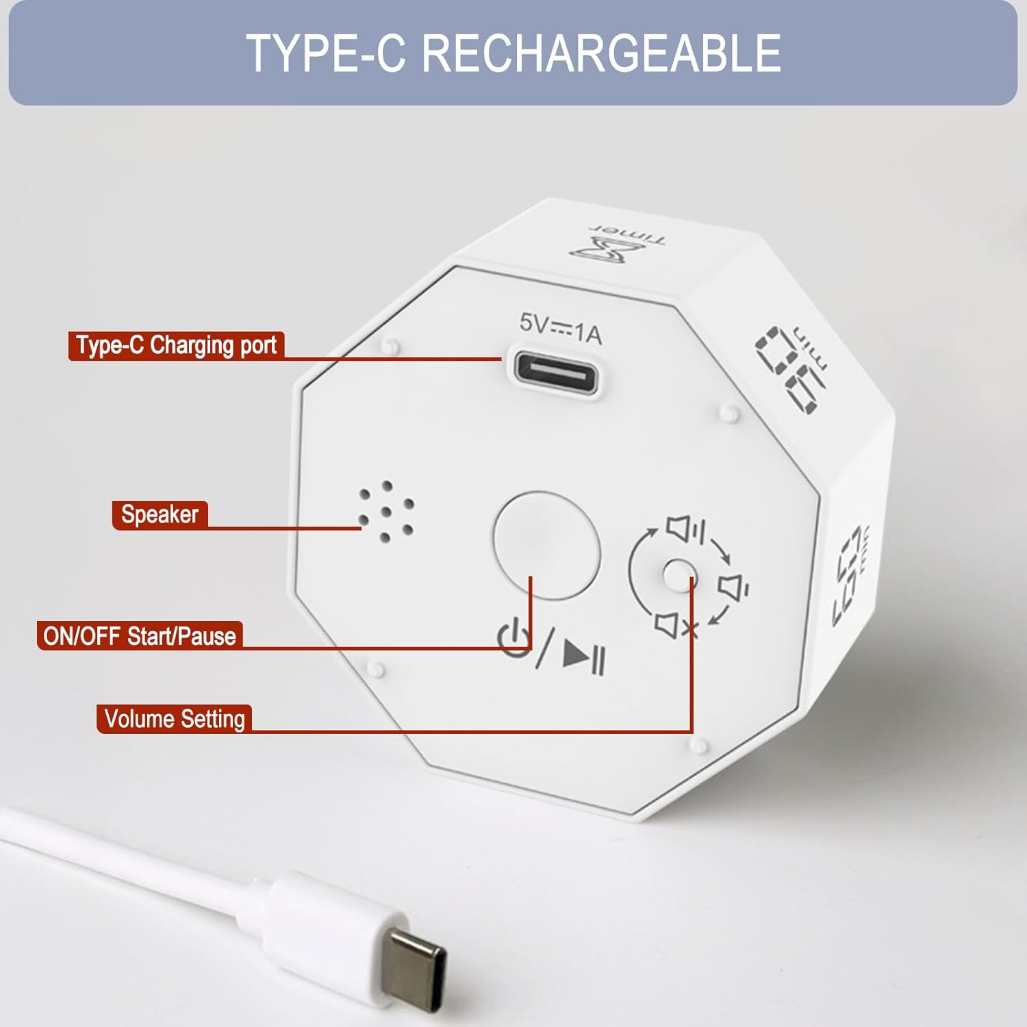 Weißer, achteckiger Timer mit Ladeanschluss, Lautsprecher und Tasten, ein USB-C-Kabel liegt daneben.
