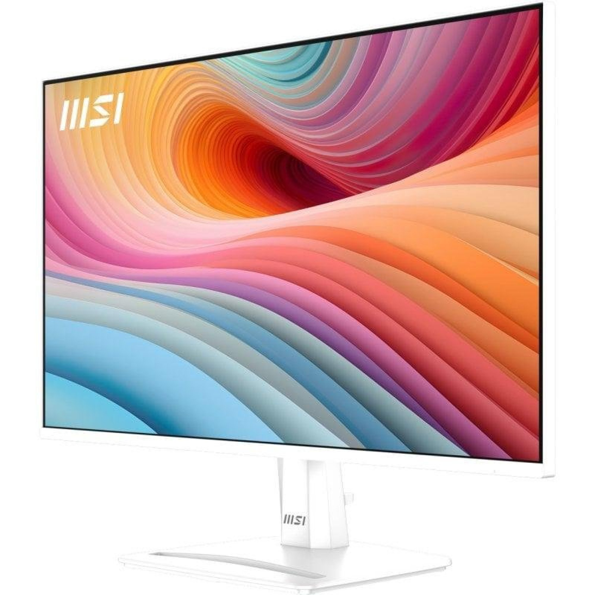Un monitor MSI bianco con uno sfondo a onde astratte colorate su un supporto.