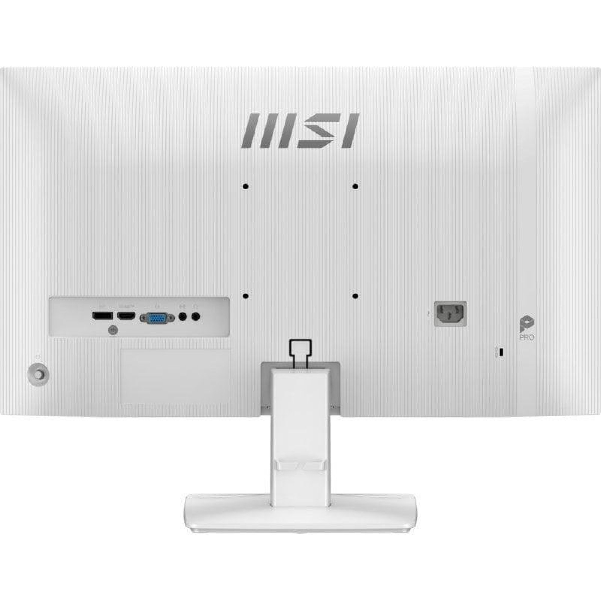 Vista posteriore di un monitor MSI bianco con porte, presa di corrente, supporto e logo su sfondo bianco.
