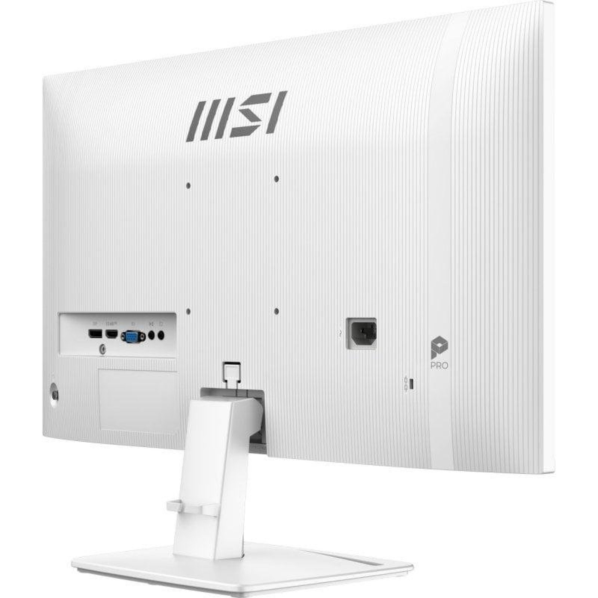 Vista posteriore di un monitor MSI bianco con supporto e porte visibili.