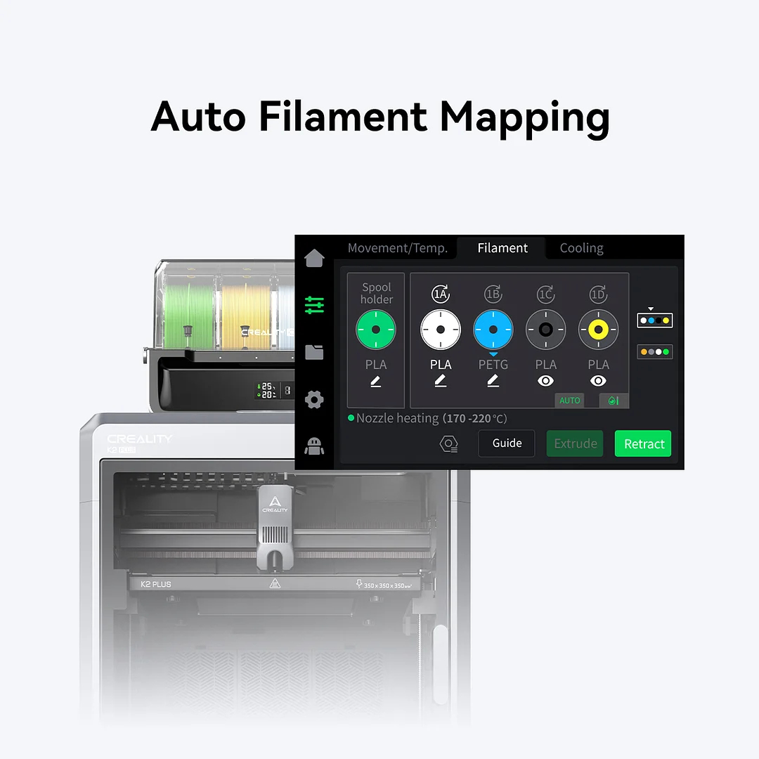 Stampante 3D Creality con bobine di filamento e schermo con impostazioni di mappatura.