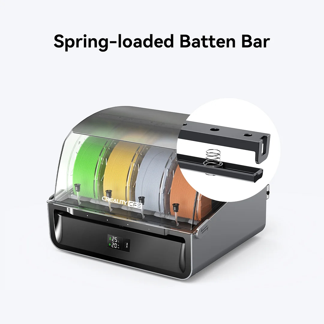 Un essiccatore per filamenti con bobine colorate e un dettaglio circolare della barra a molla.