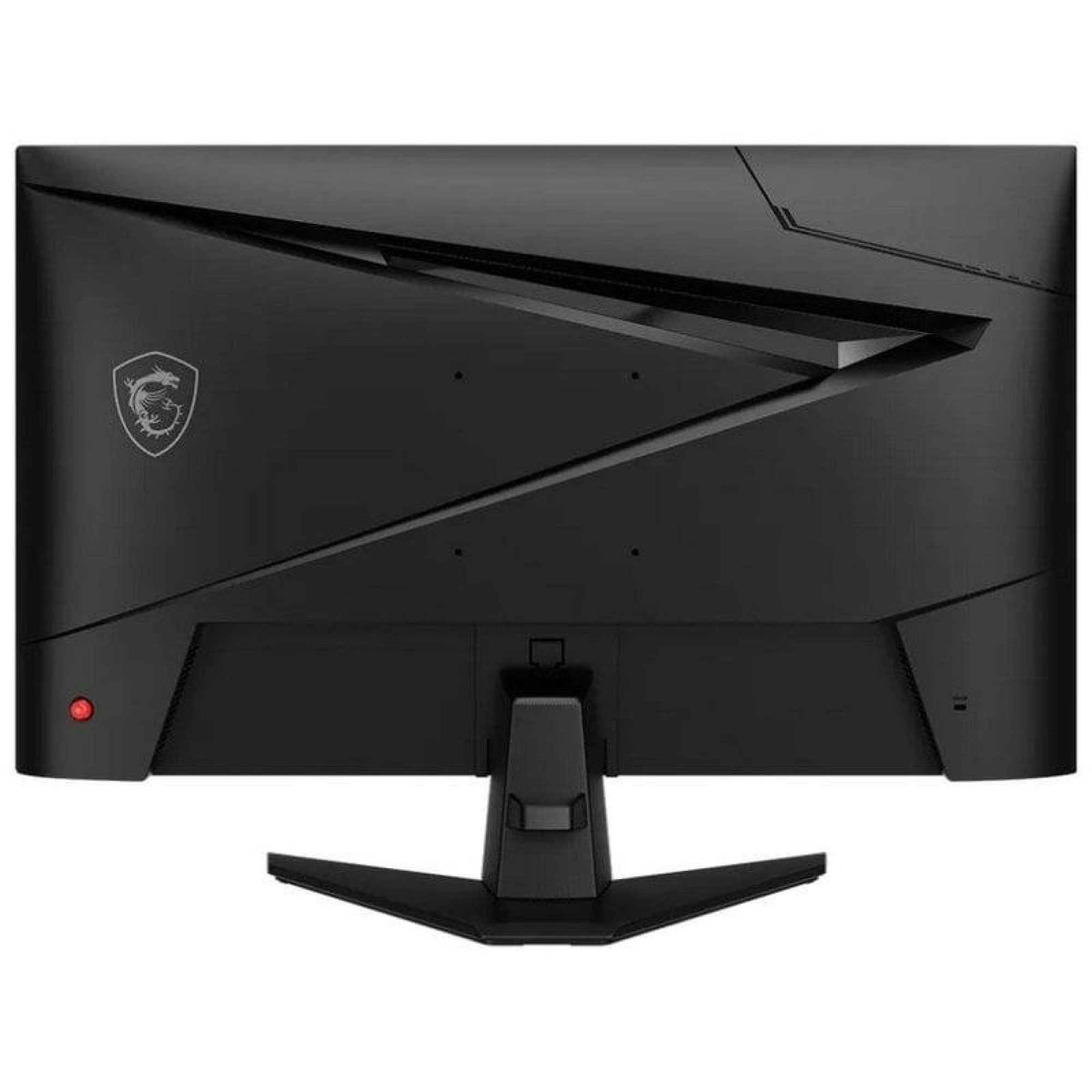 Vista posteriore di un monitor da gioco MSI nero con design angolare, logo argentato e supporto.