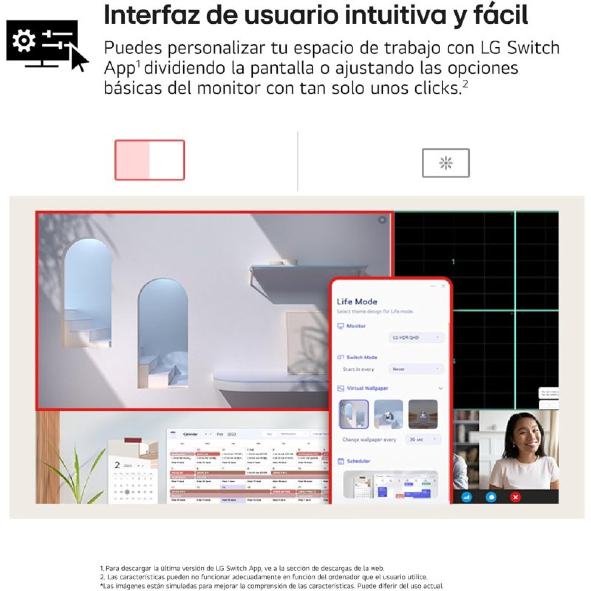 Screenshot dell'interfaccia LG Switch con opzioni di schermo diviso per multitasking.