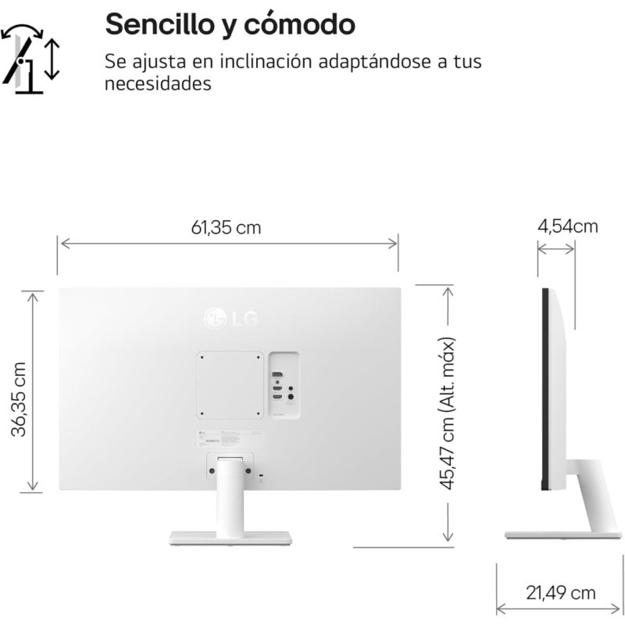 Diagramma che mostra le dimensioni di un monitor LG bianco da dietro e di lato, con misure in centimetri.