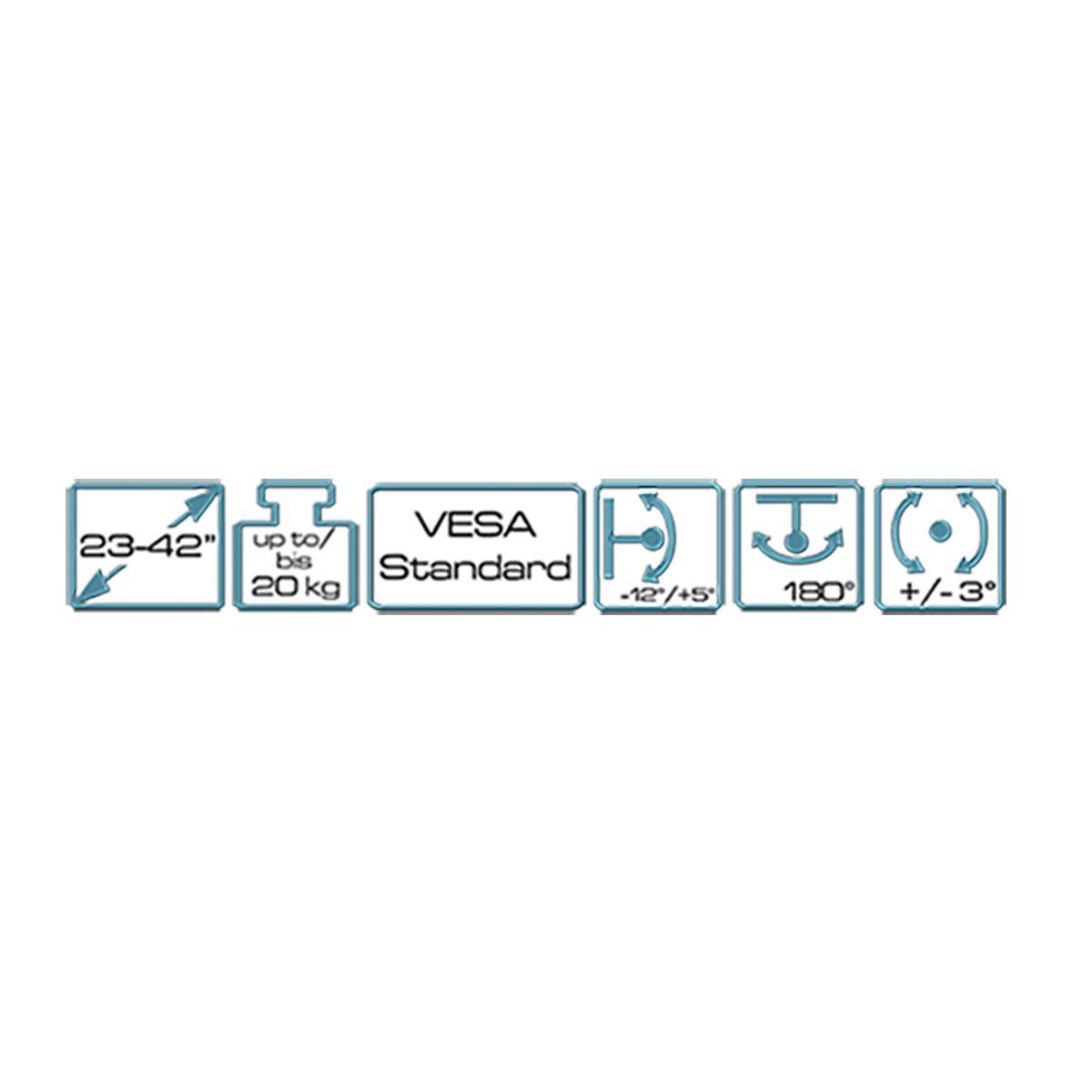 Sechs Icons zeigen Produktspezifikationen für eine TV-Halterung.