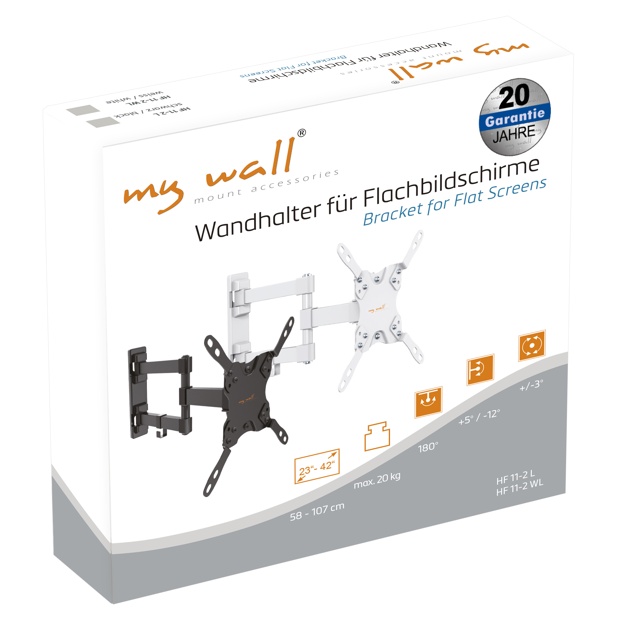 Produktverpackung einer weißen und schwarzen My Wall Wandhalterung für Flachbildschirme mit technischen Daten.